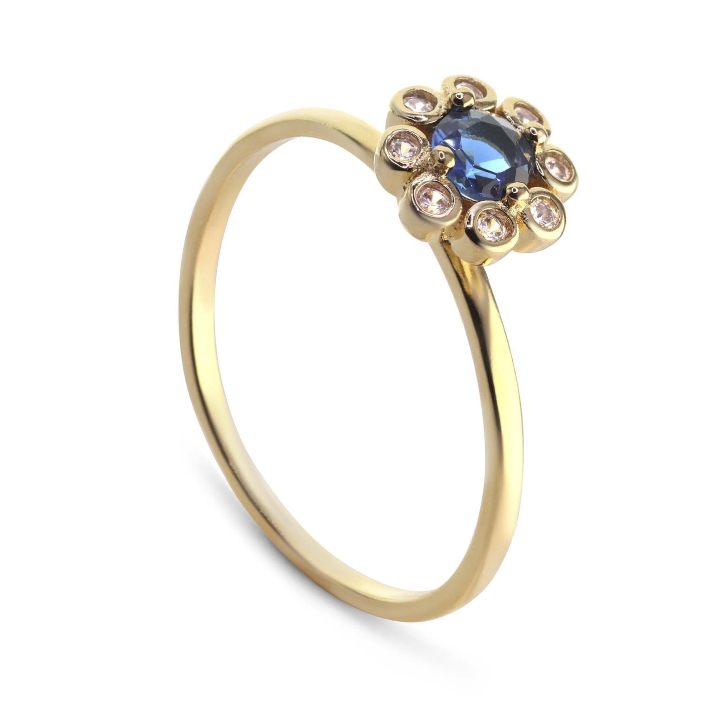 Anillo Enchapado en Oro Diseño Flor de Circón Azul con Circones Tradicionales