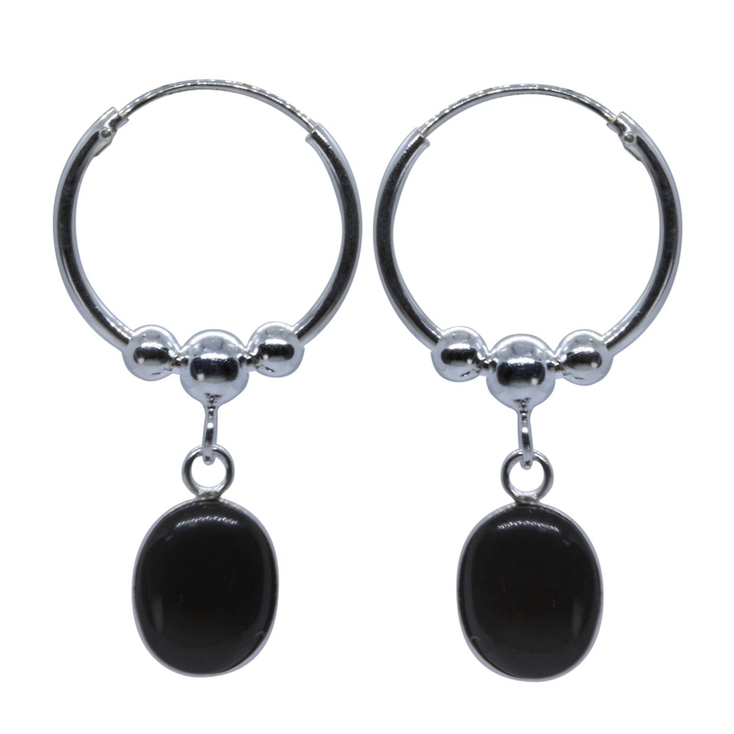 Aros de Plata 925 Argollas con Esfera y Piedra Onix