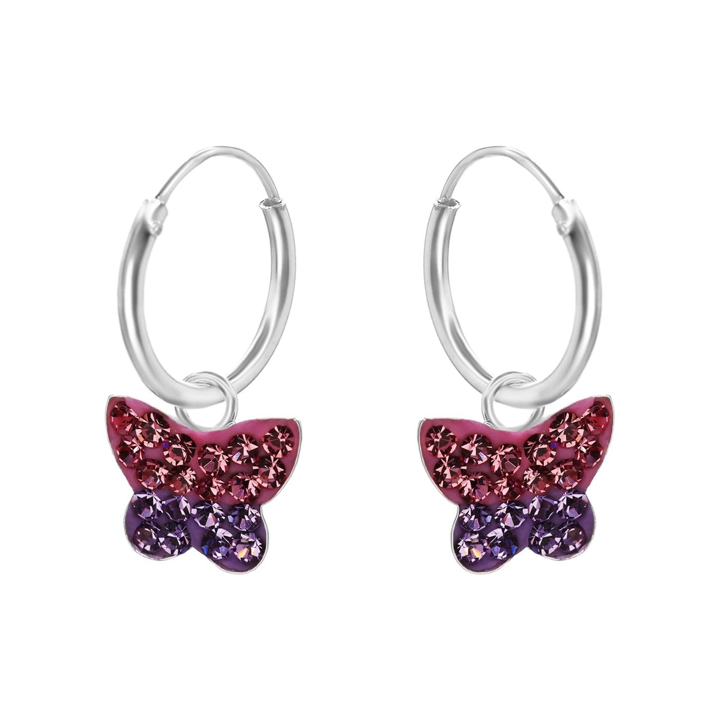 Aros de Plata 925 Argolla con Colgante Mariposa Strass Bicolor