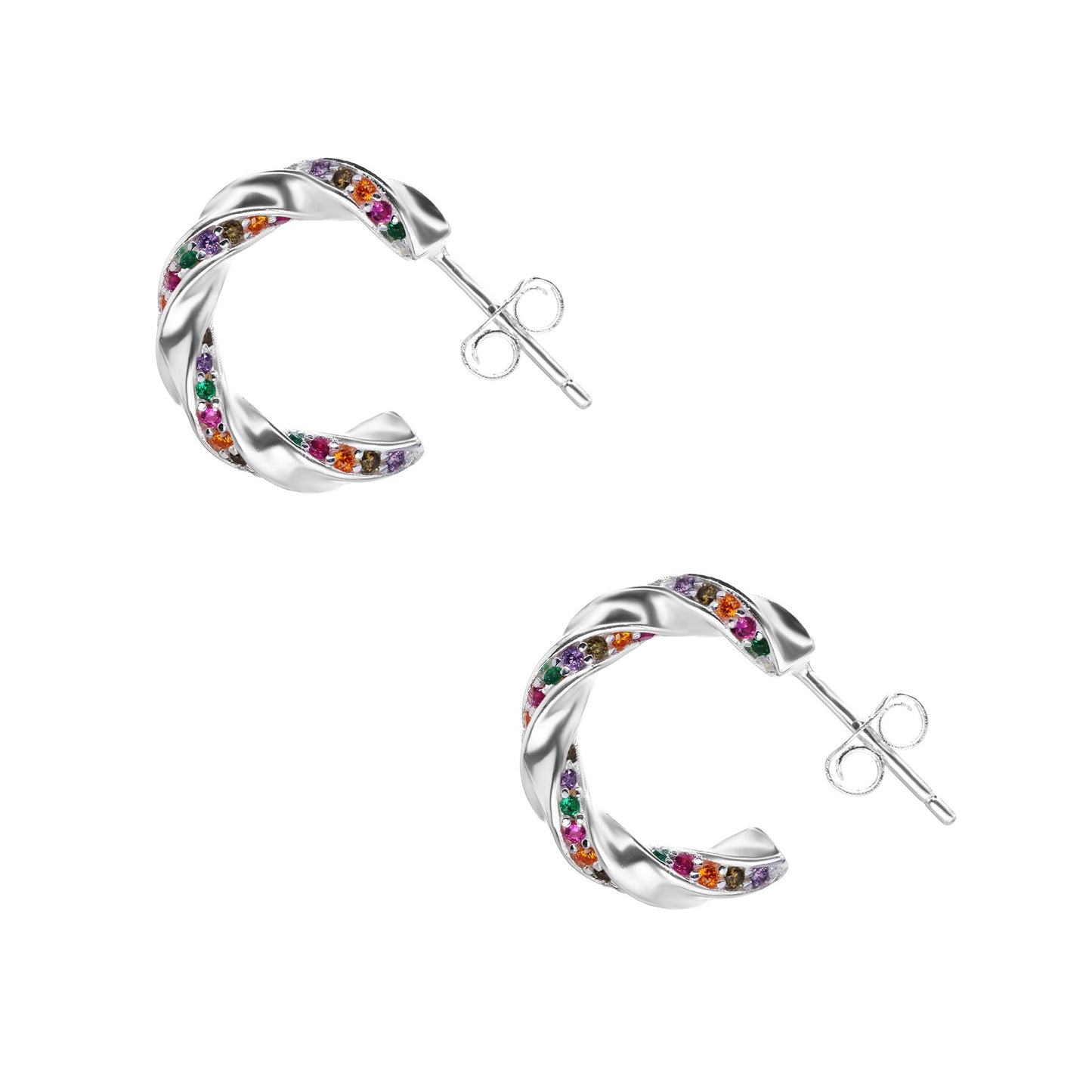 Aros de Plata 925 Argolla Enroscada con Circones de Colores 15 mm