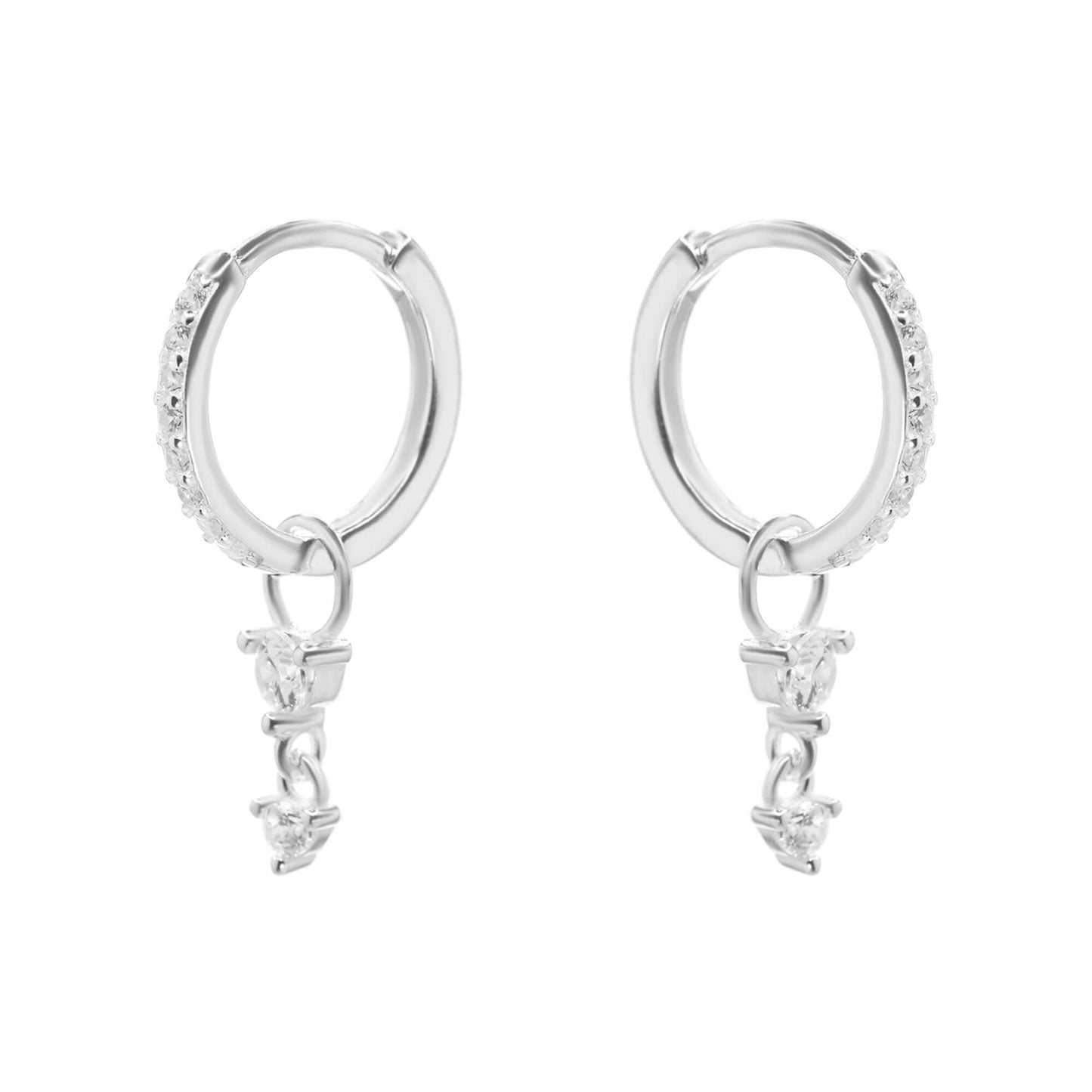 Aros de Plata Argollas con Circones y Pequeños Corazones Colgantes