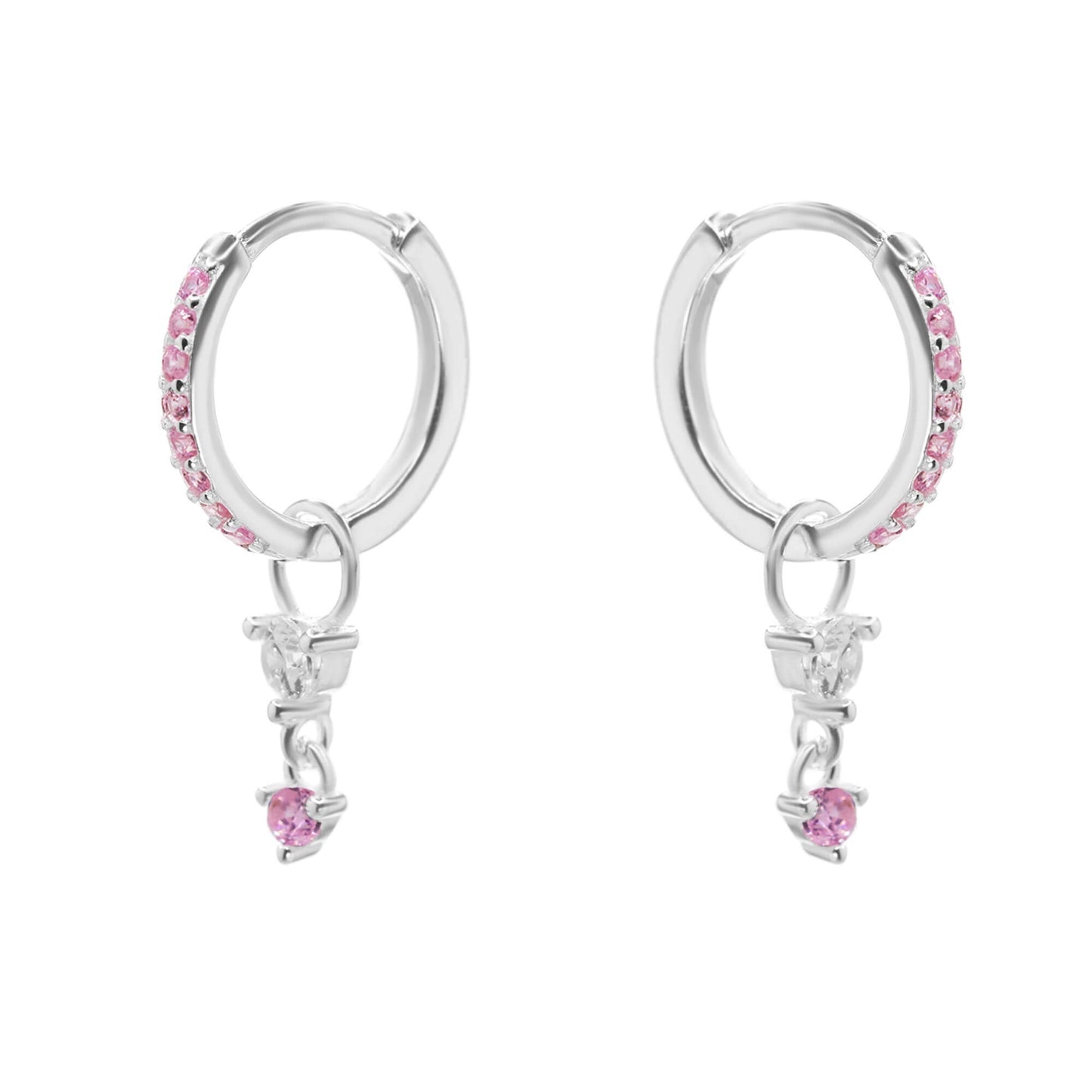 Aros de Plata Argollas con Colgante Corazón Rosado y Circón