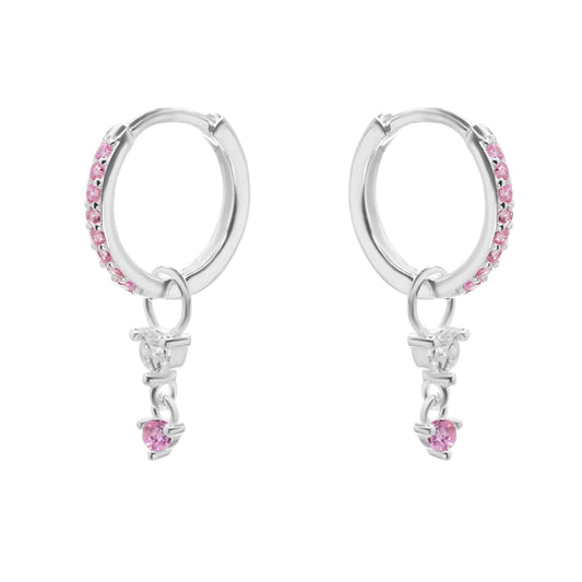 Aros de Plata Argollas con Colgante Corazón Rosado y Circón