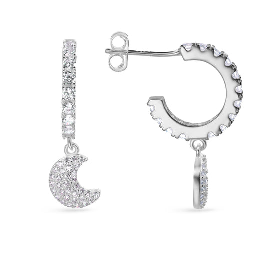 Aros de Plata Argollas con Colgante de Media Luna con Circones