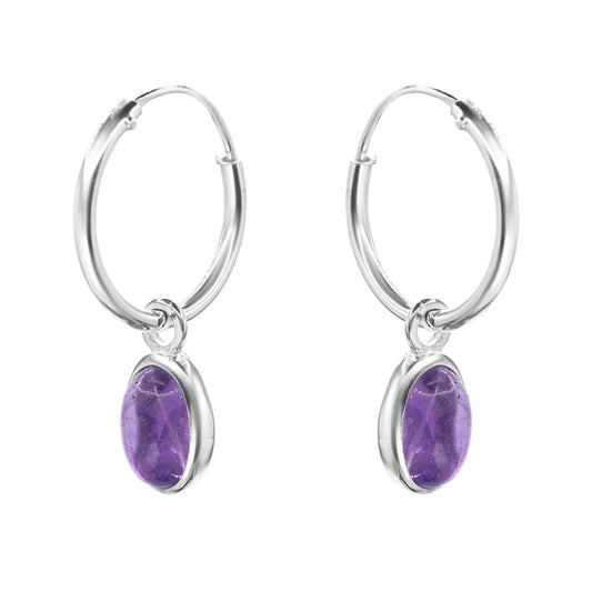 Aros de Plata Argollas con Colgante de Piedra Amatista