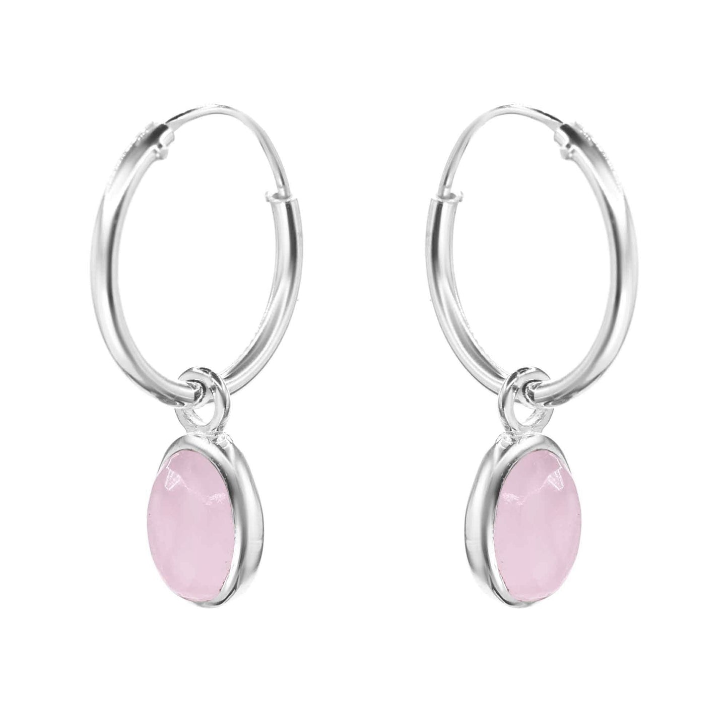 Aros de Plata Argollas con Colgante de Piedra Cuarzo Rosa