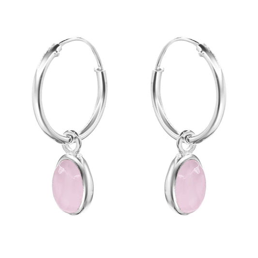 Aros de Plata Argollas con Colgante de Piedra Cuarzo Rosa