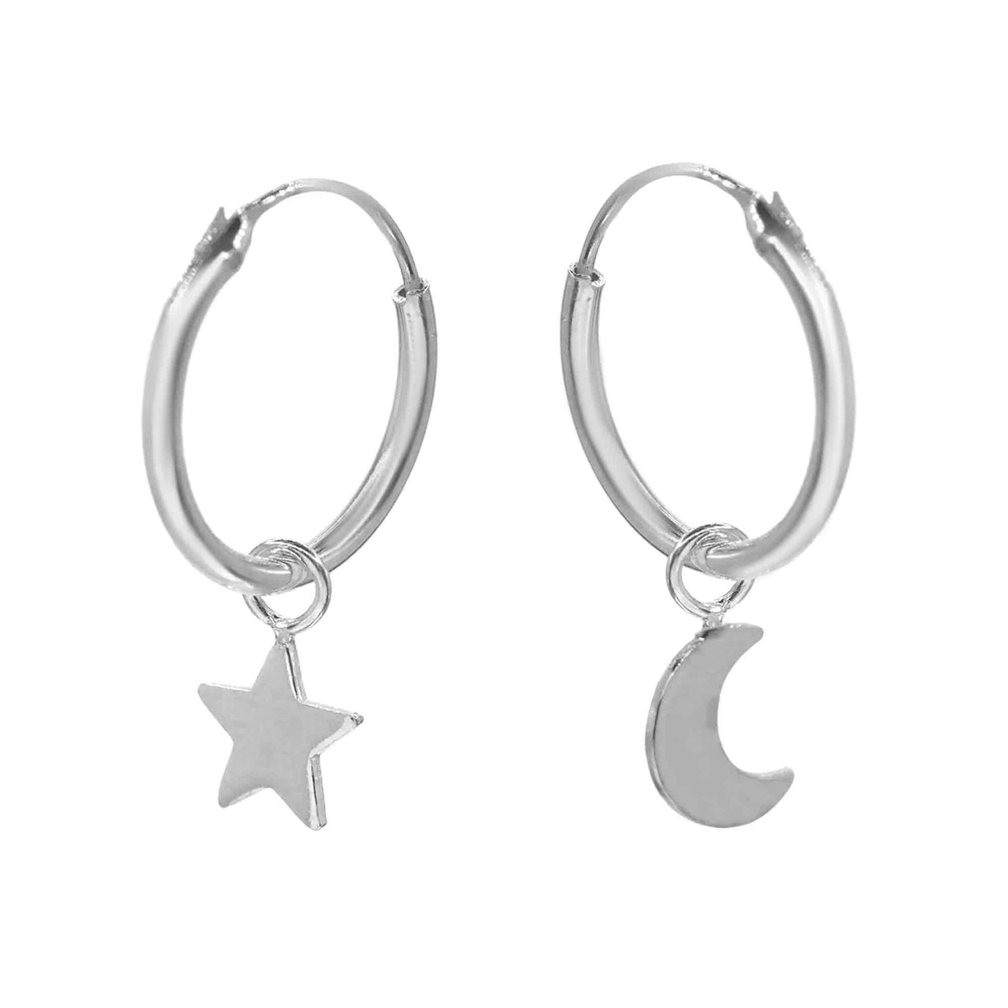 Aros de Plata Argollas con Colgantes de Placa Luna y Estrella 12 mm