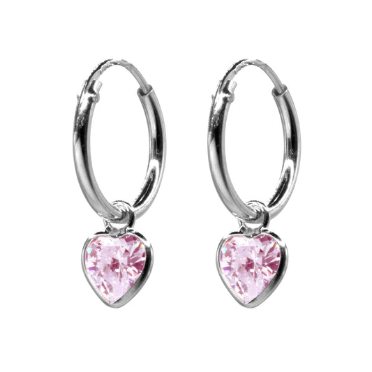 Aros de Plata Argollas con Corazón Circón Rosa