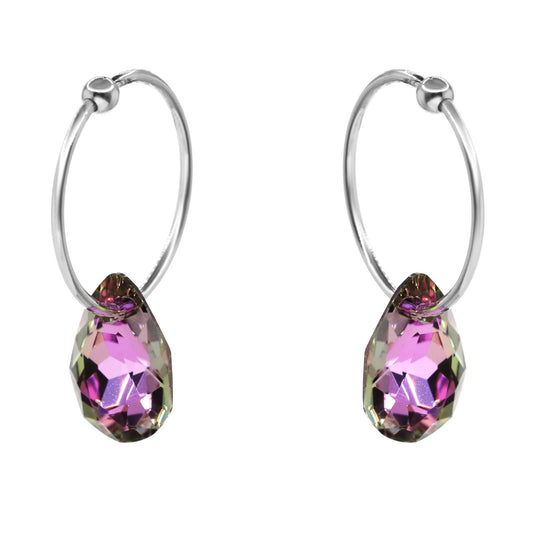 Aros de Plata Argollas con Cristal Gota Tornasol Rosado