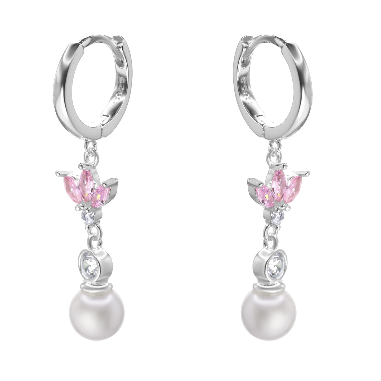 Aros de Plata 925 Argollas con Flores de Circones Rosas y Perla de Imitación