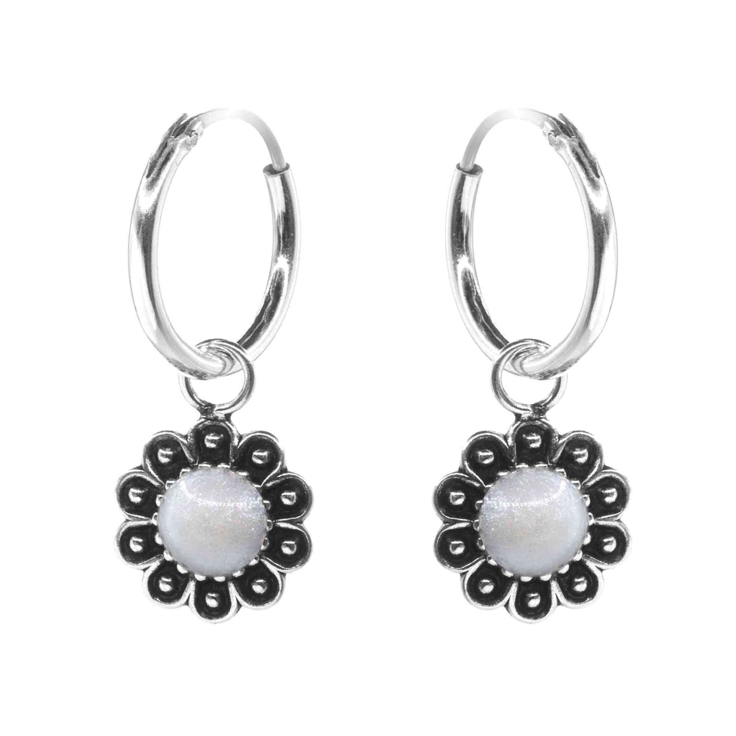 Aros de Plata Argollas con Flores y Resina Blanca