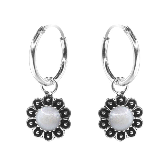 Aros de Plata Argollas con Flores y Resina Blanca