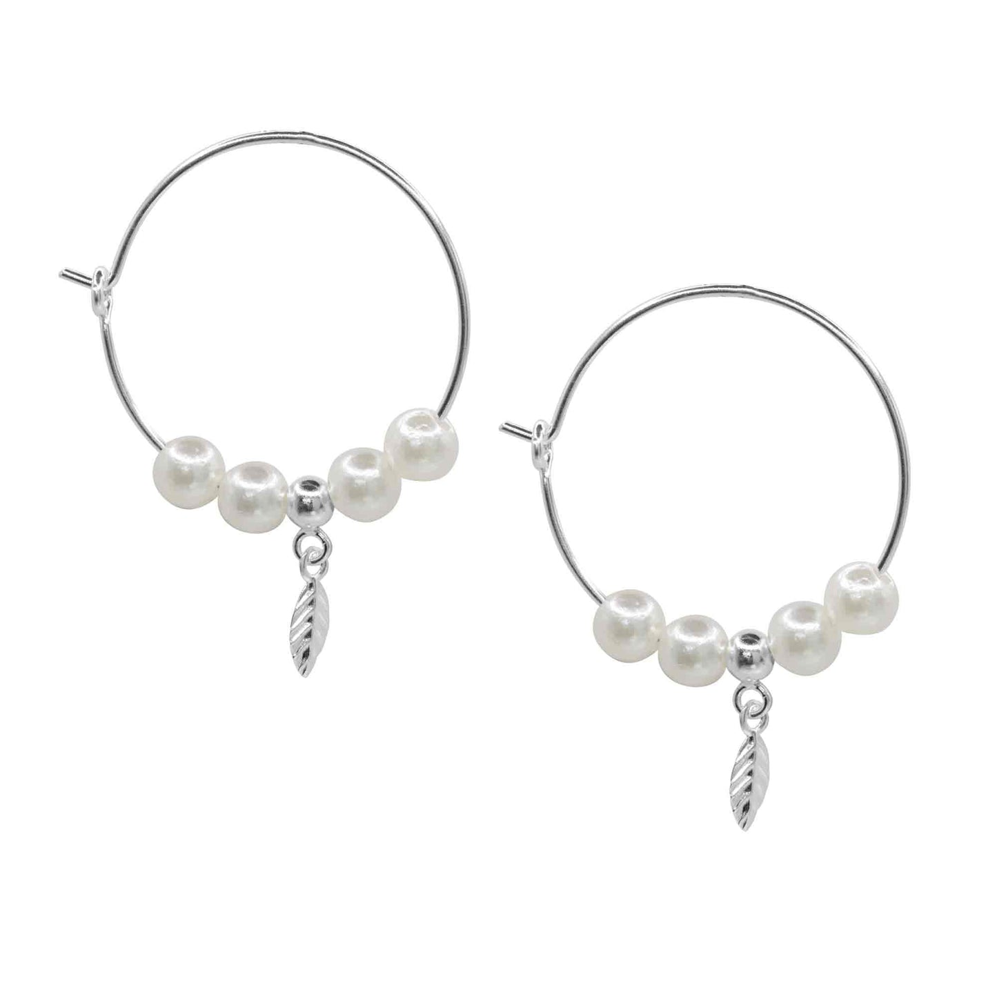Aros de Plata 925 Argollas con Perlas y Pequeña Pluma 25 mm -