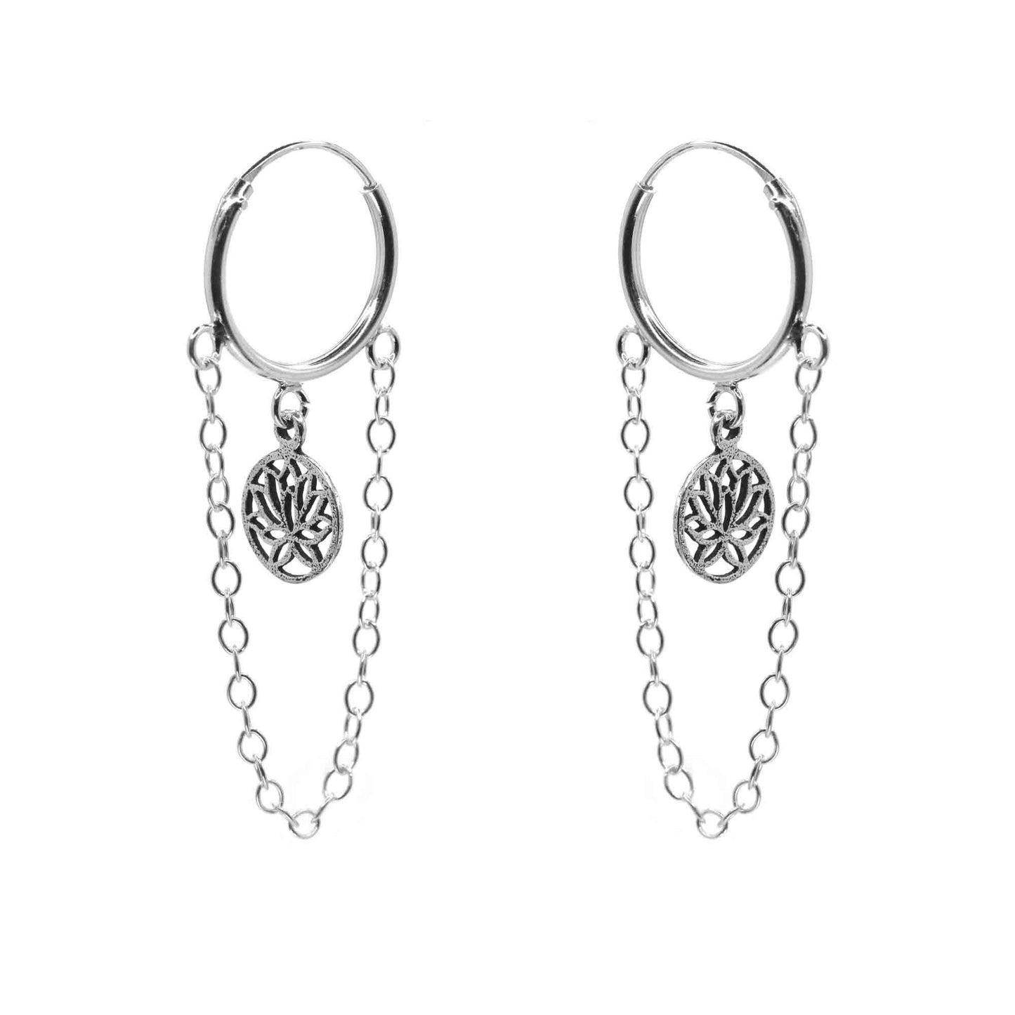 Aros de Plata 925 Argollas Estilo Cadena con Placa de Flor de Loto 14 mm