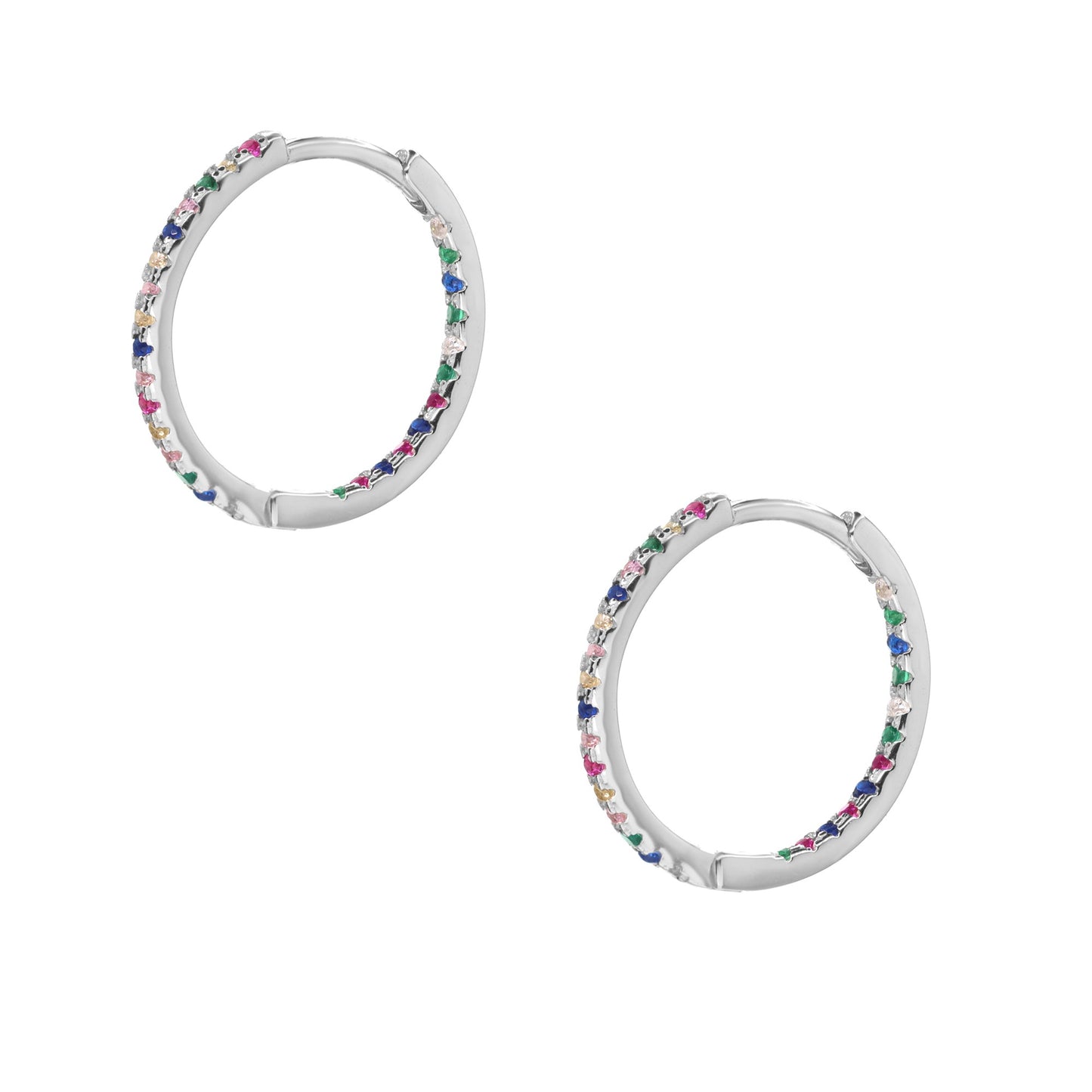Aros de Plata 925 Argollas Mediana con Circones de Colores en los Bordes 17 mm