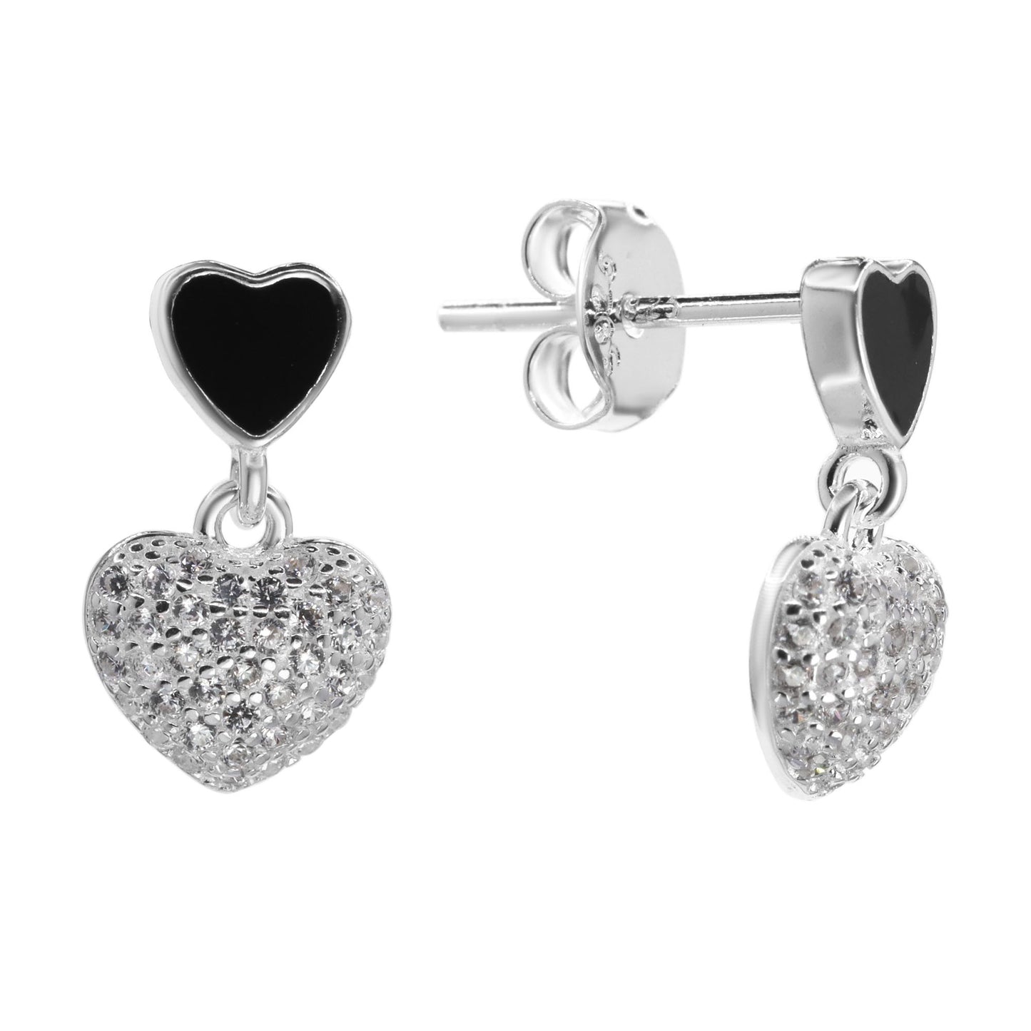 Aros de Plata 925 Corazón Esmaltado en Negro y Colgantes con Circón