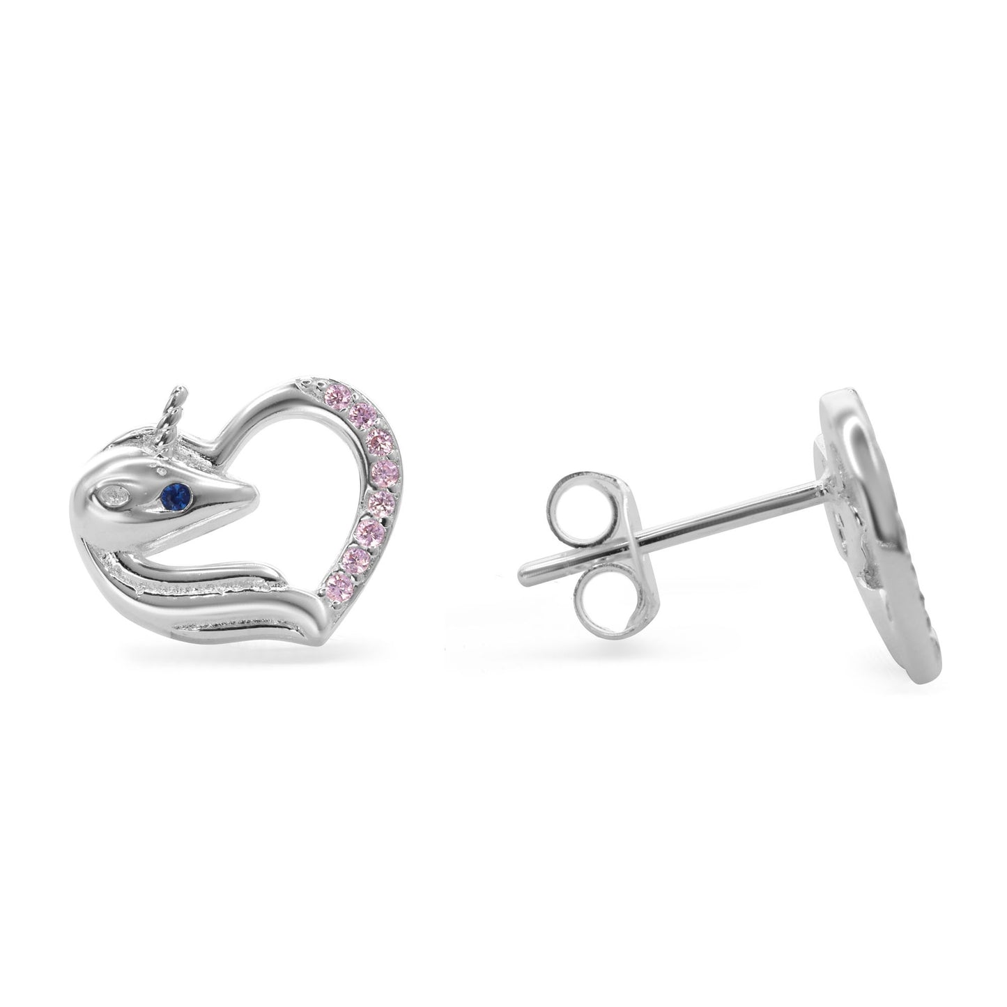 Aros de Plata 925 Corazón Unicornio con Circones Rosas