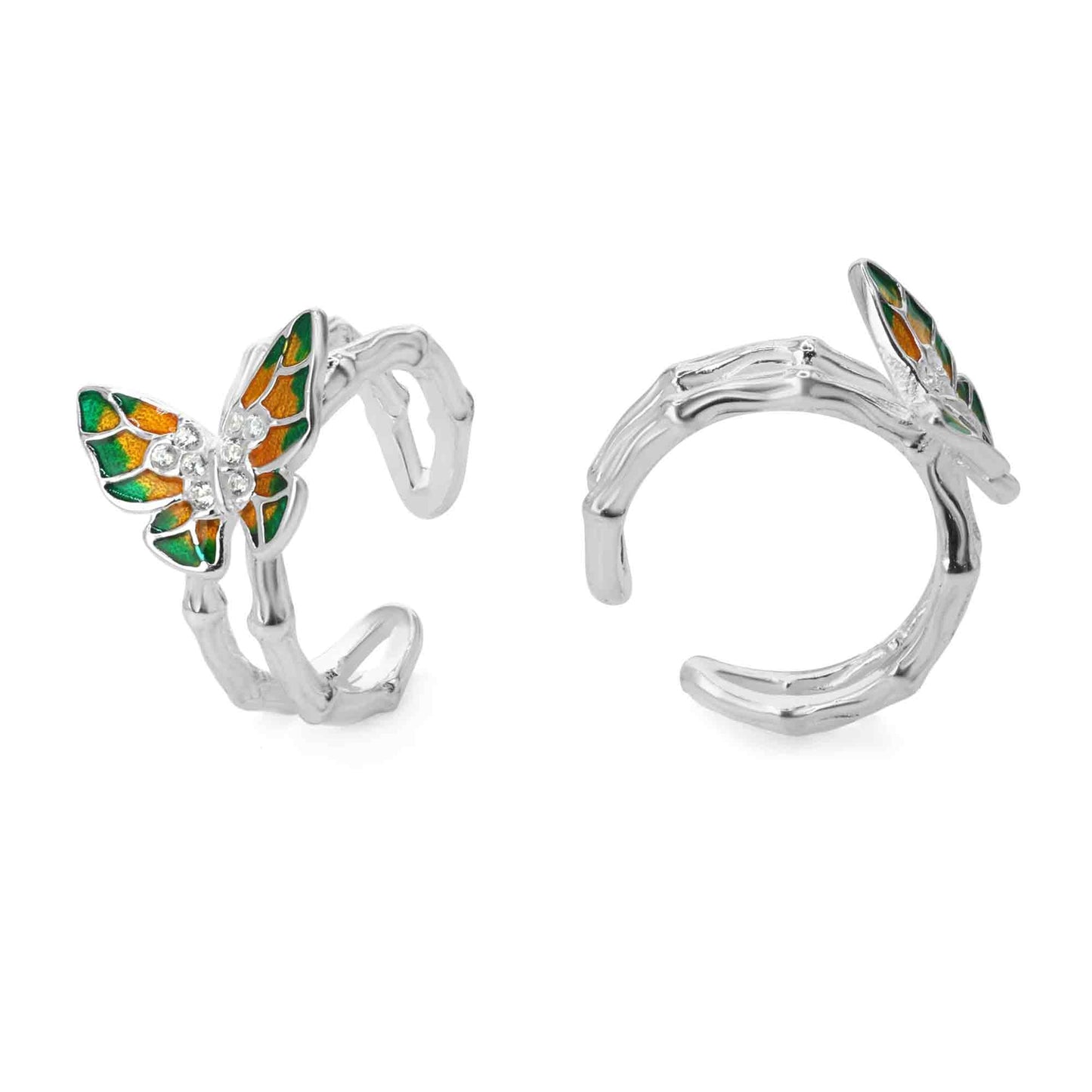 Aros de Plata 925 Cuff Mariposas Esmaltadas con Centro de Circones