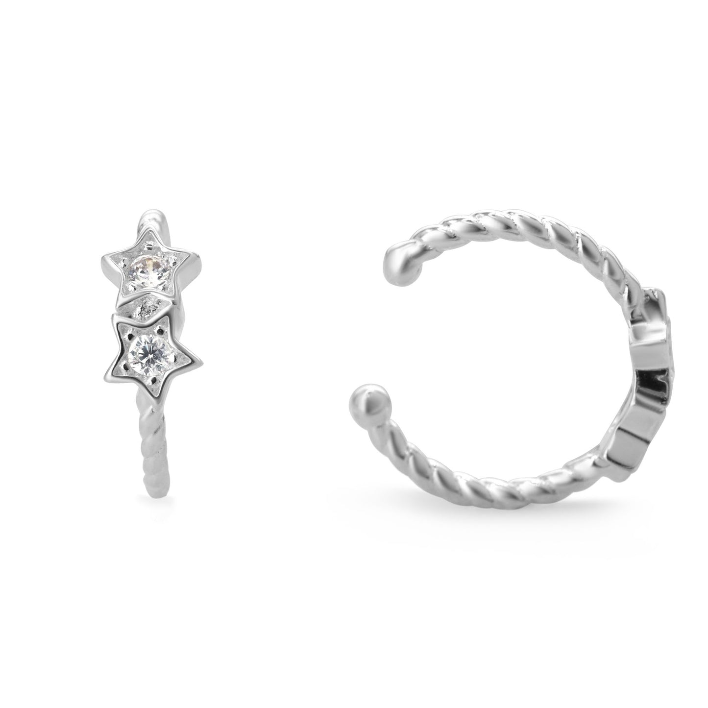 Aros de Plata 925 Cuff Semi Trenzado Doble Estrella con Circones