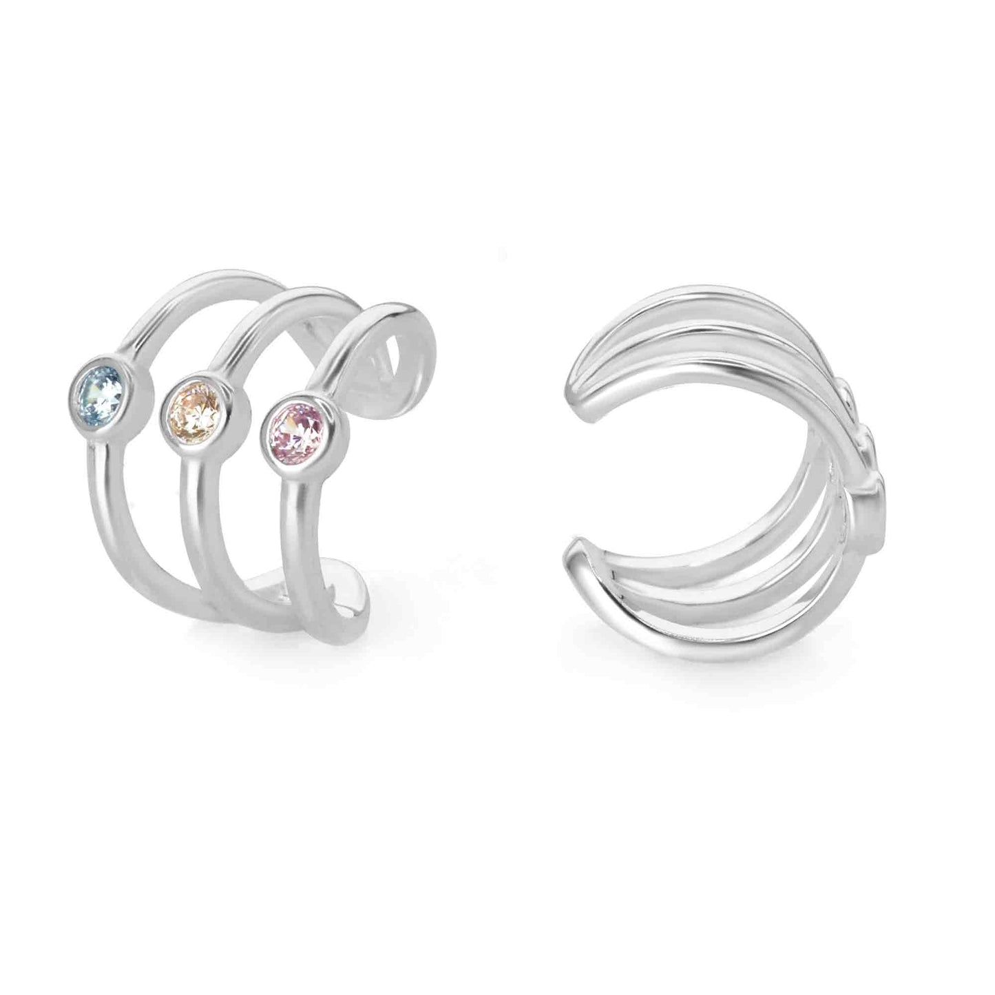 Aros de Plata 925 Cuff Triple Banda con Circones de Colores