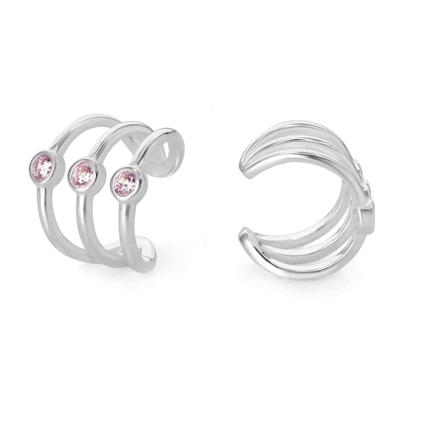 Aros de Plata 925 Cuff Triple Banda con Circones Rosa