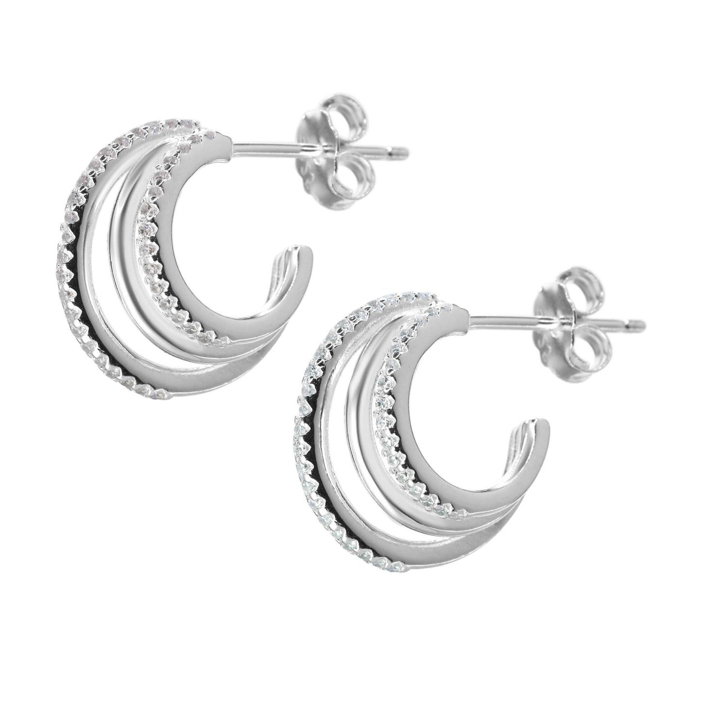 Aros de Plata 925 Diseño Argolla Semi Circular Triple Banda con Circón y Lisa