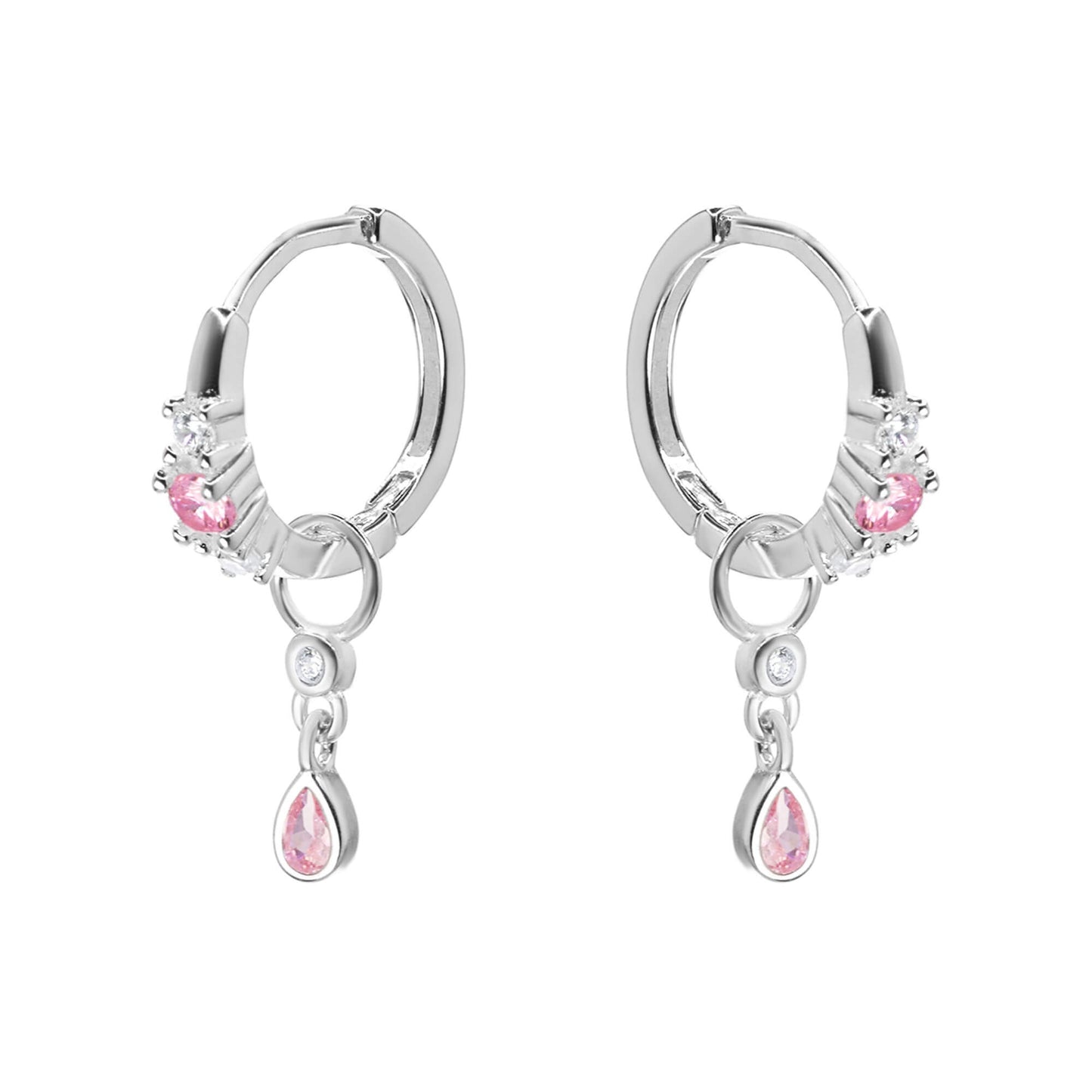 Aros de Plata - Argollas con Serie de Circones y Gota Colgante de Circón