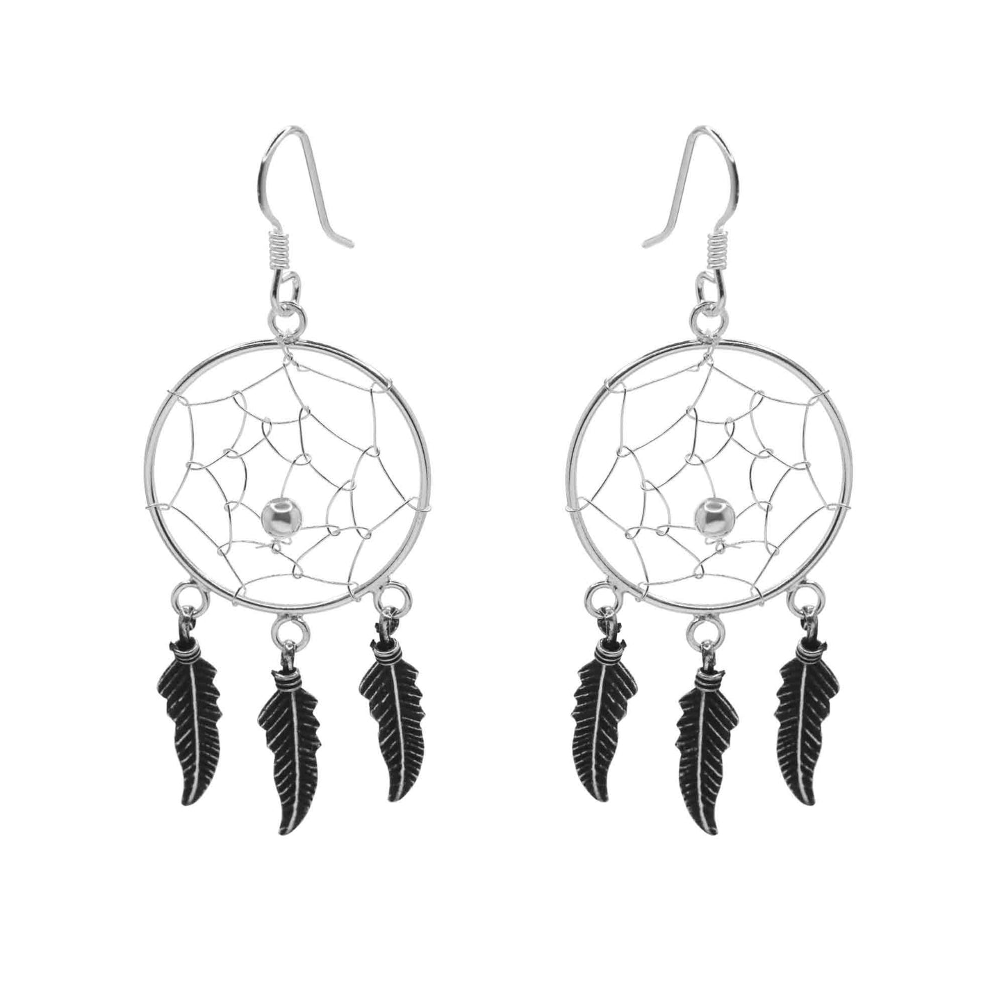 Aros de Plata 925 Diseño Atrapa Sueños con Tres Plumas Envejecidas