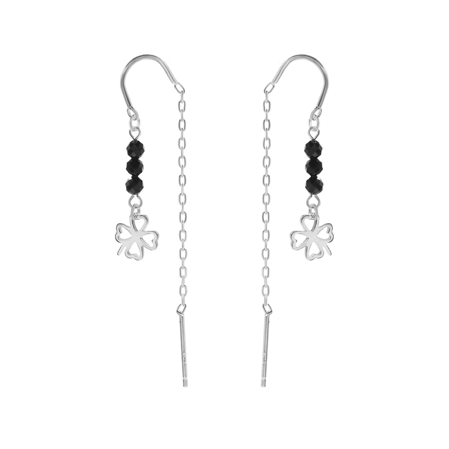 Aros de Plata 925 Diseño Cadena con Serie de Cristales Negros y Trébol