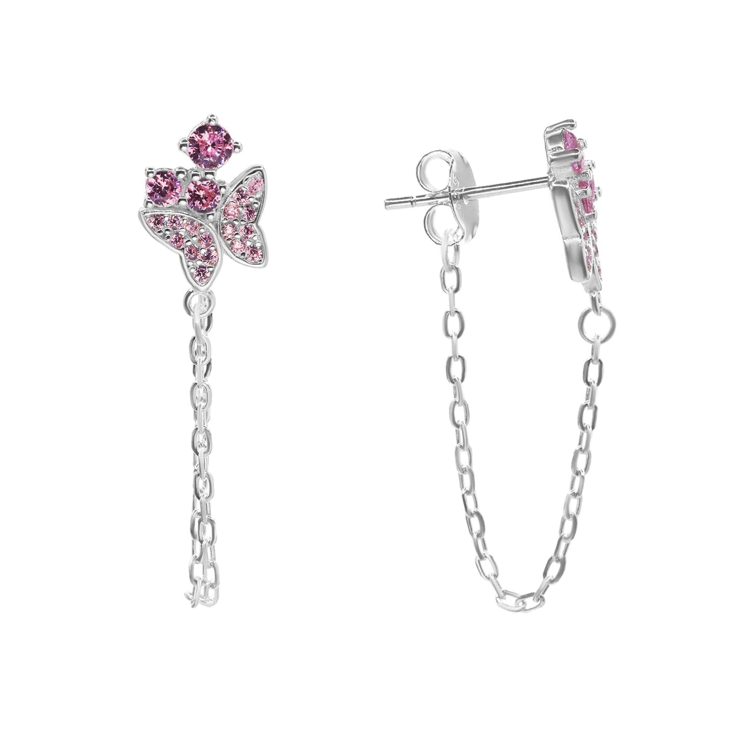 Aros de Plata 925 Diseño Cadena Mariposa con Circones Rosados