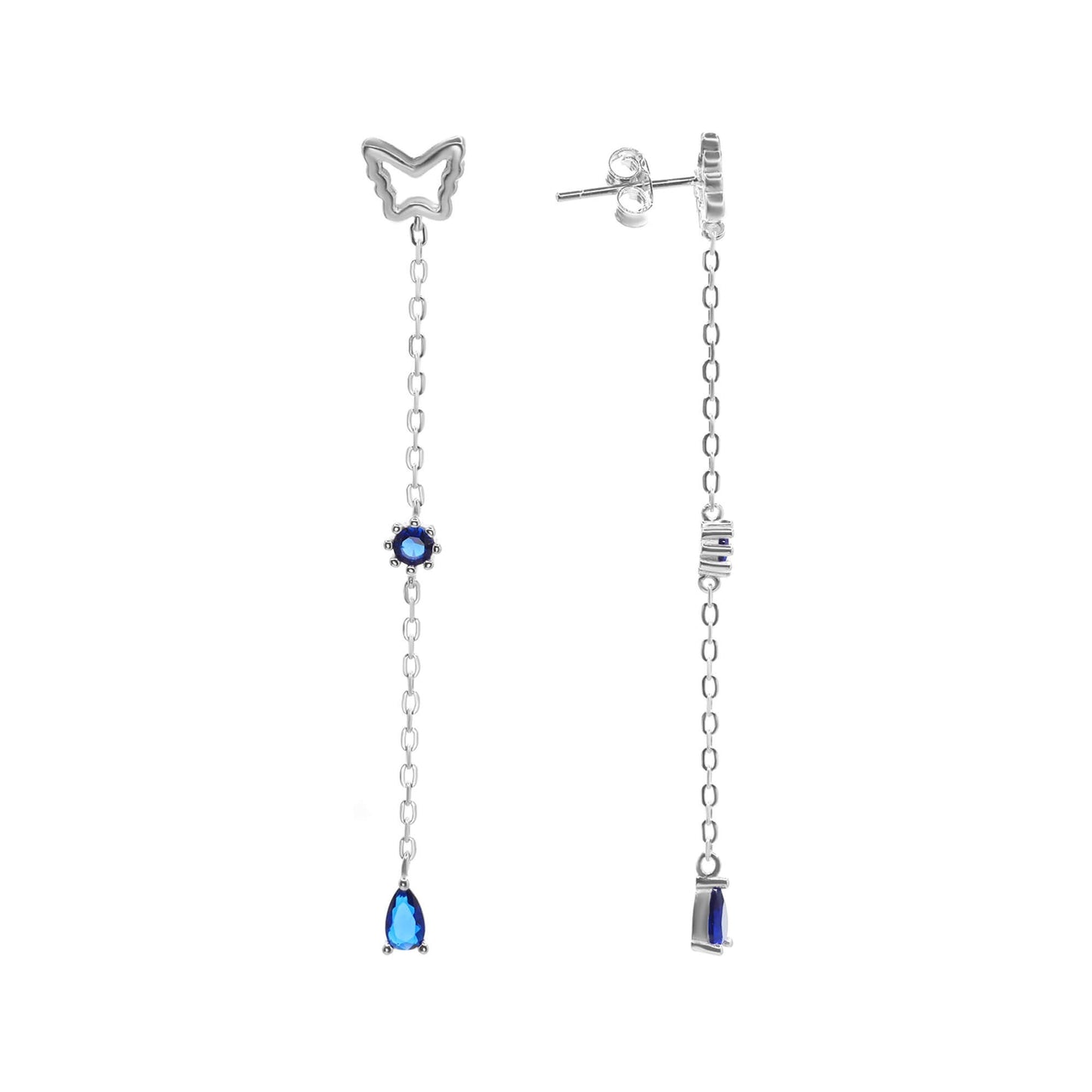 Aros de Plata 925 Diseño Cadena Mariposa Lisa con Circones Azules