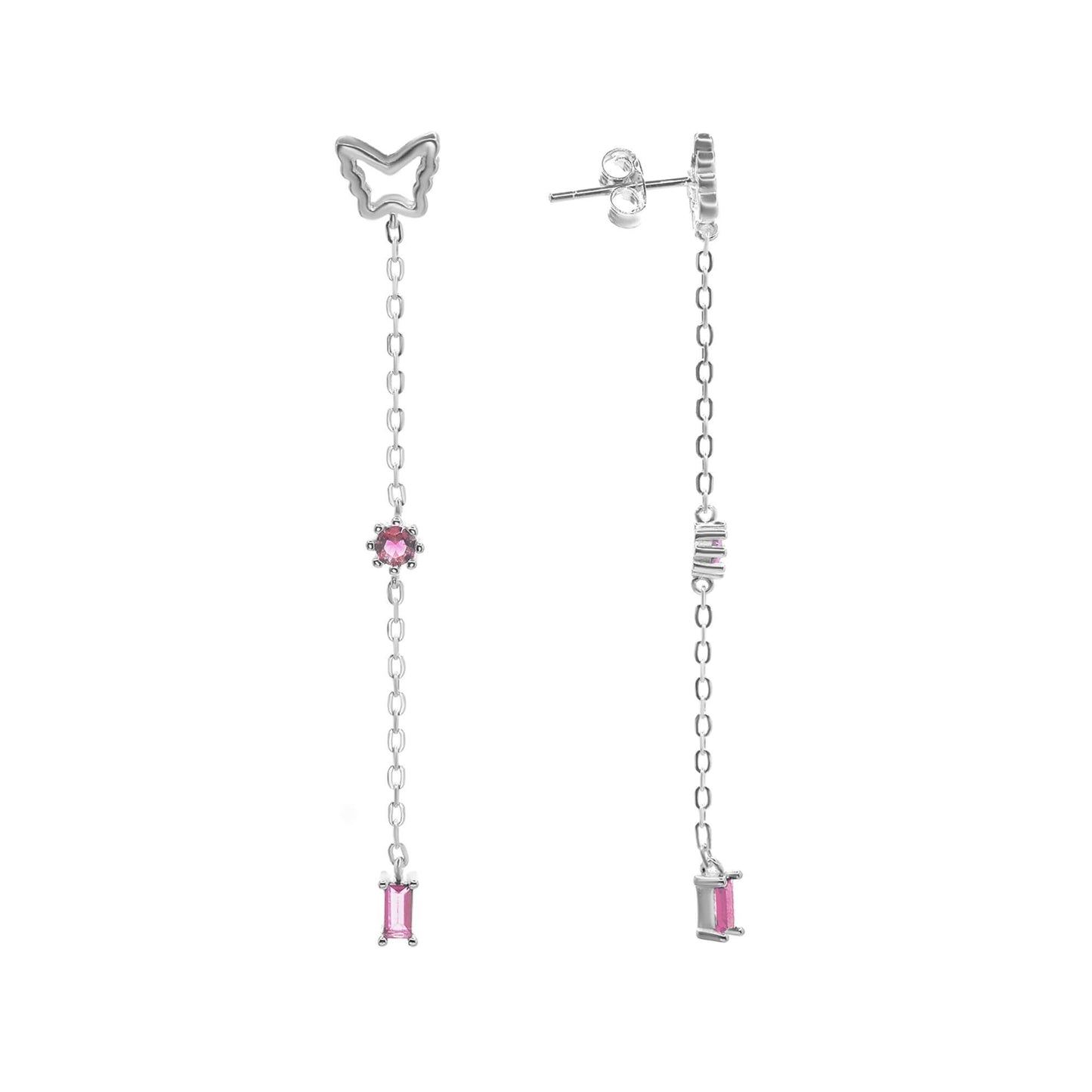 Aros de Plata 925 Diseño Cadena Mariposa Lisa con Figuras de Circones Rosados