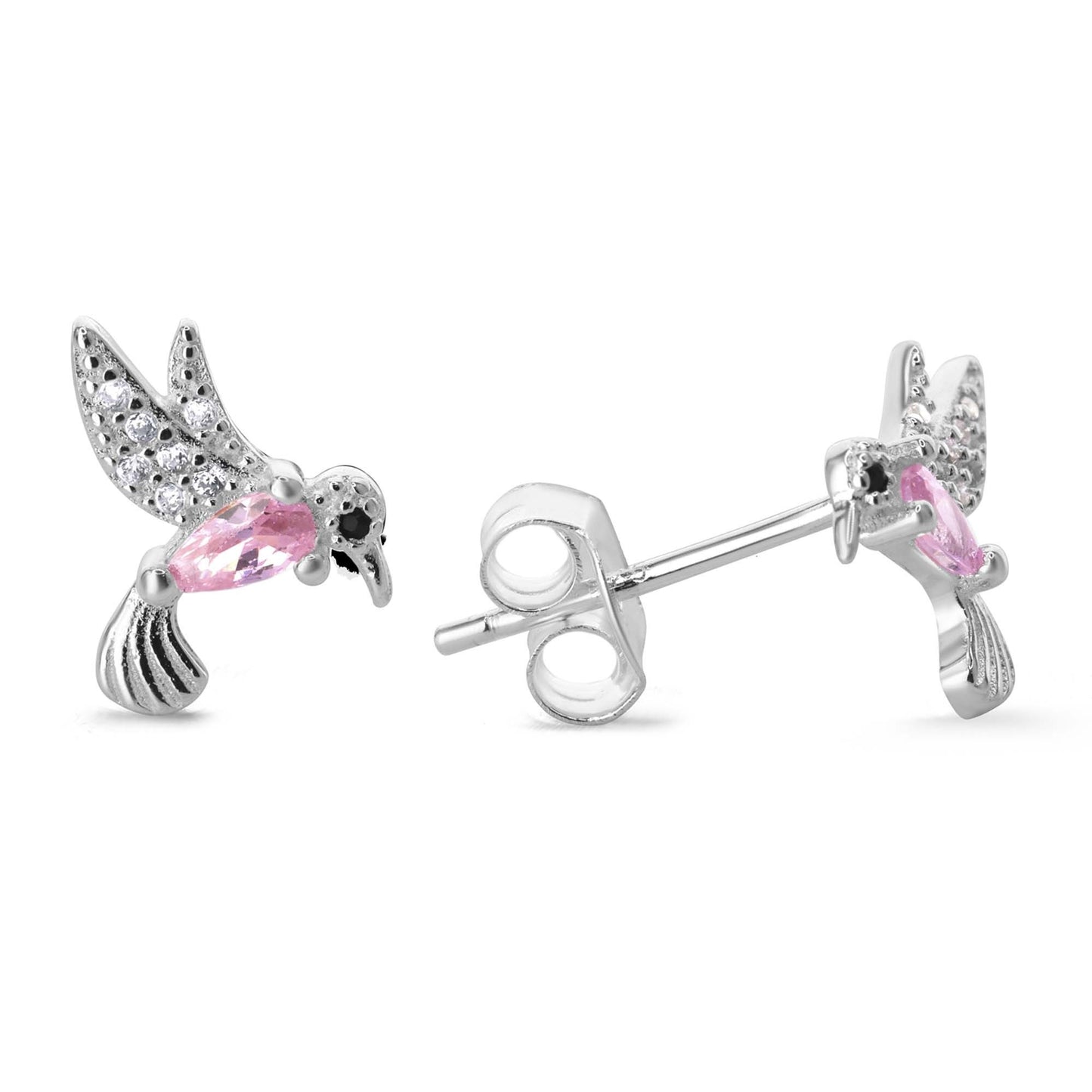 Aros de Plata 925 Diseño Colibrí Circón Rosado