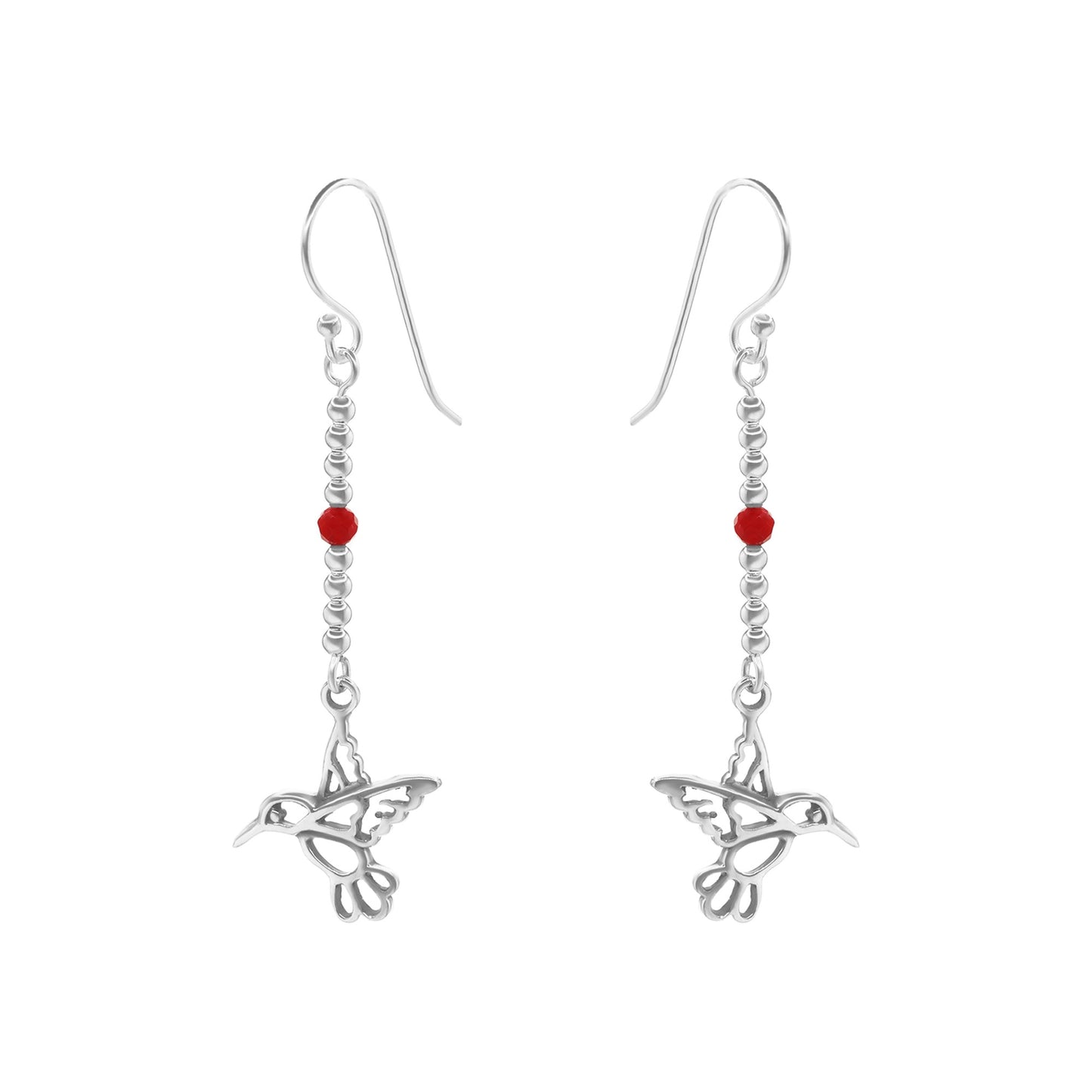 Aros de Plata 925 Diseño Colibrí con Esferas Lisas y Pequeño Cristal rojo