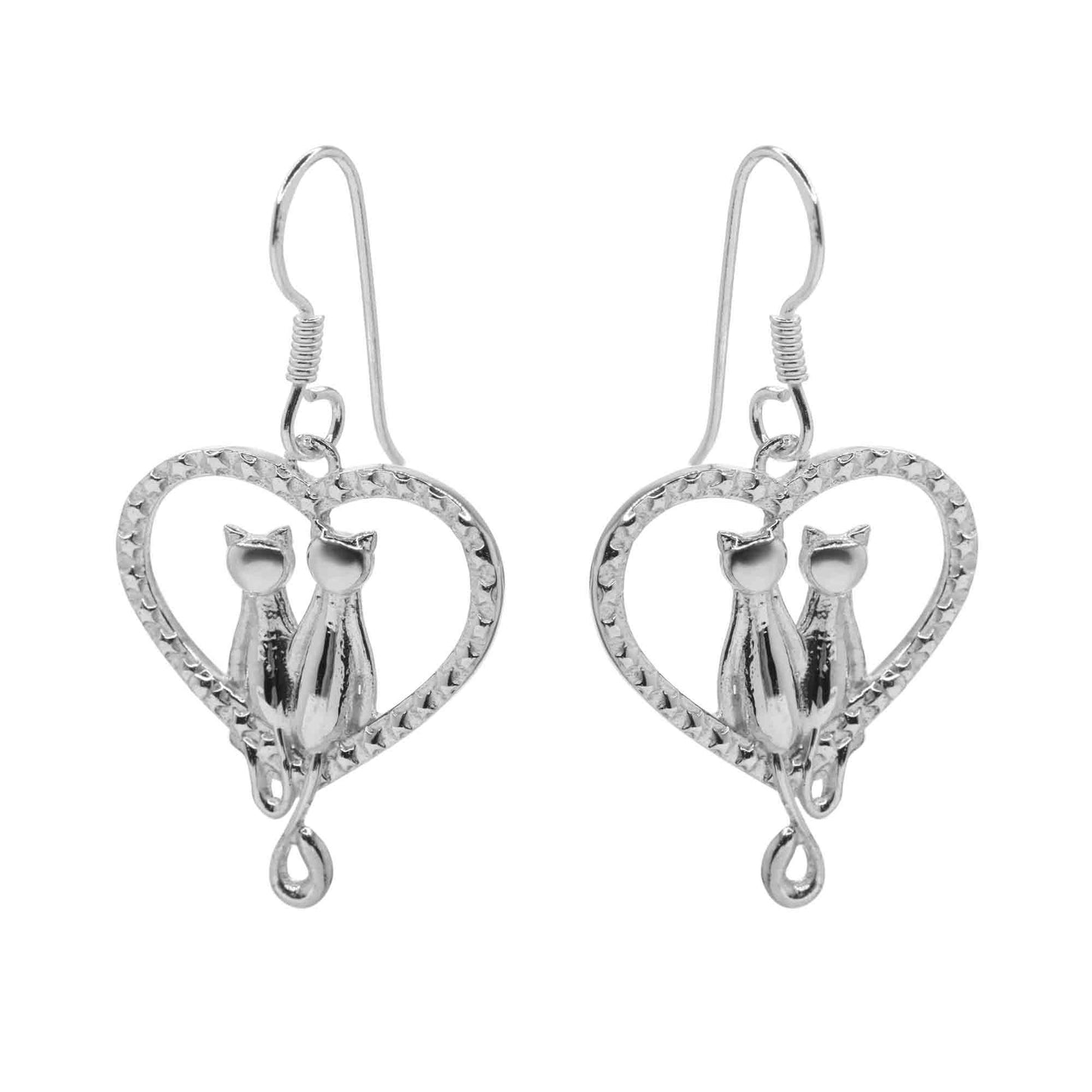 Aros de Plata 925 Diseño Corazón con Pareja de Gatos