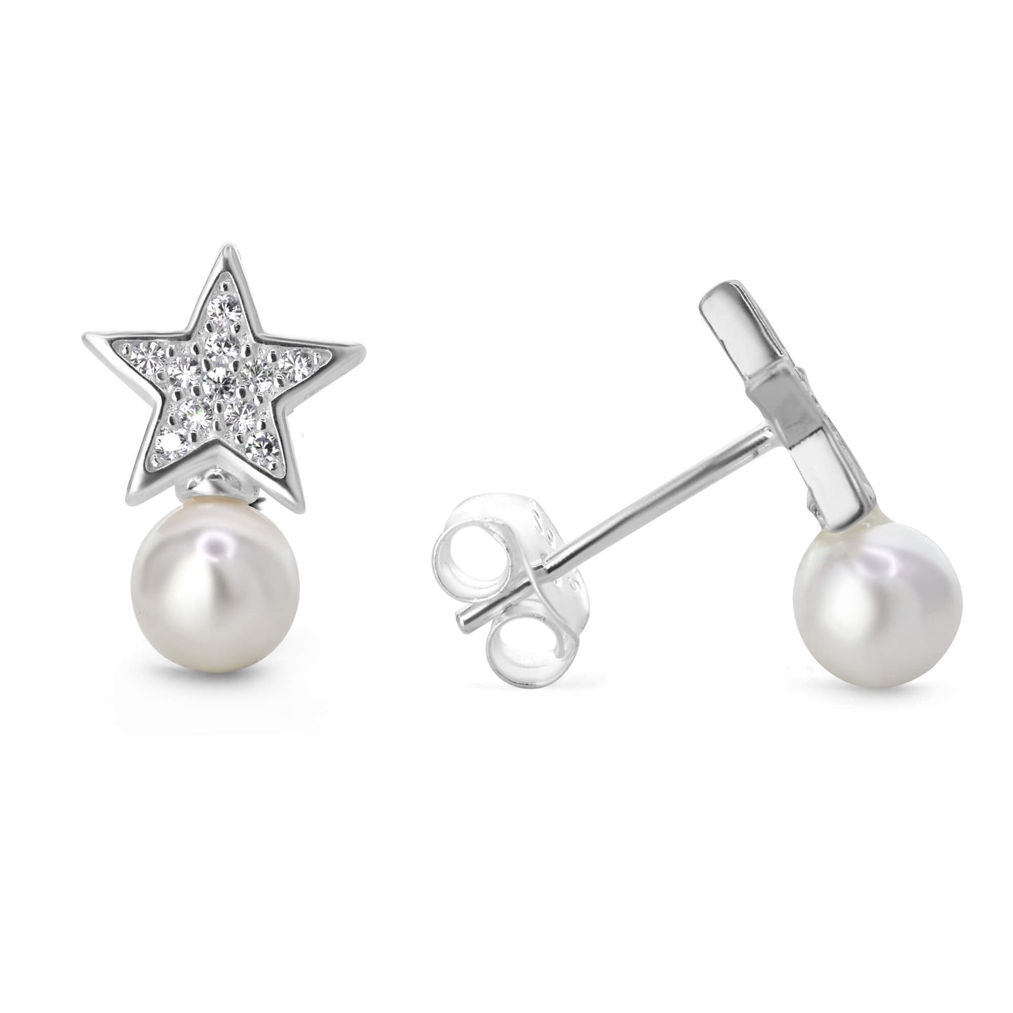 Aros de Plata 925 Diseño Estrella con Circones y Perla Imitación
