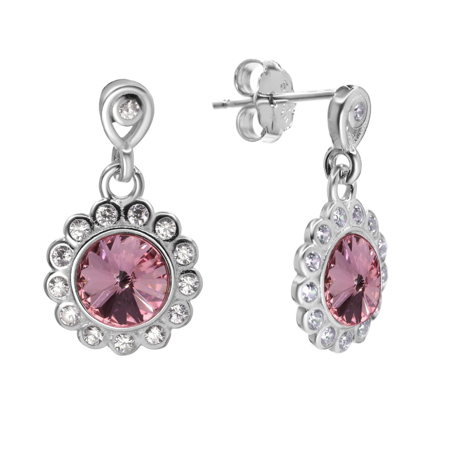 Aros de Plata 925 Diseño Flor con Cristal Rosa Swarovski Elements