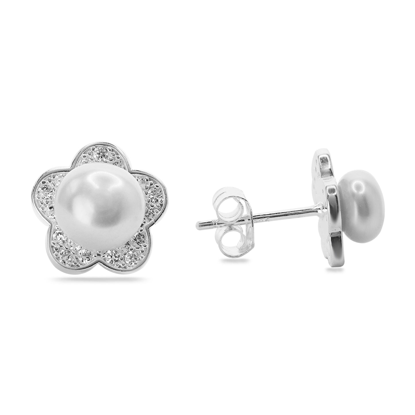 Aros de Plata 925 Diseño Flor con Perla y Circones