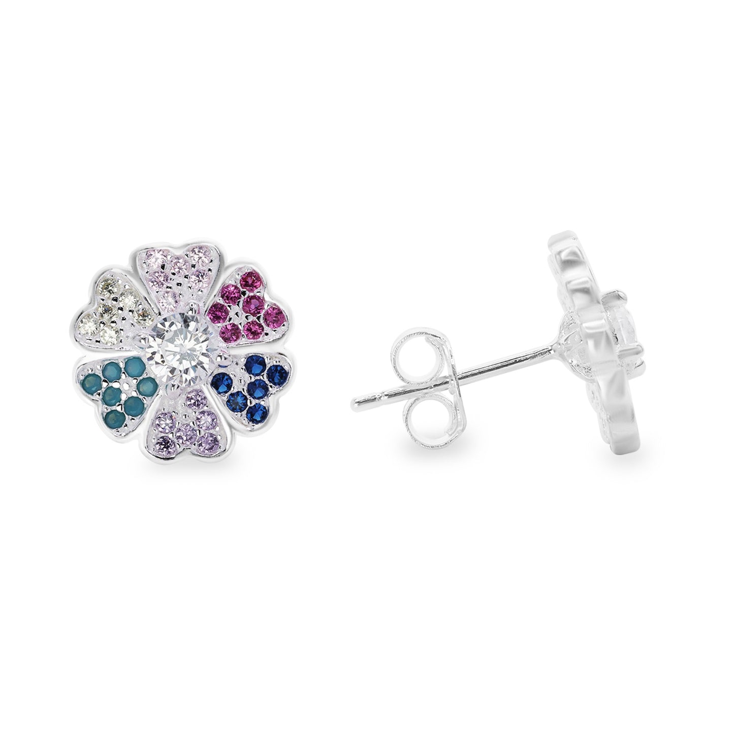 Aros de Plata 925 Diseño Flor Pétalos con Circones de Colores