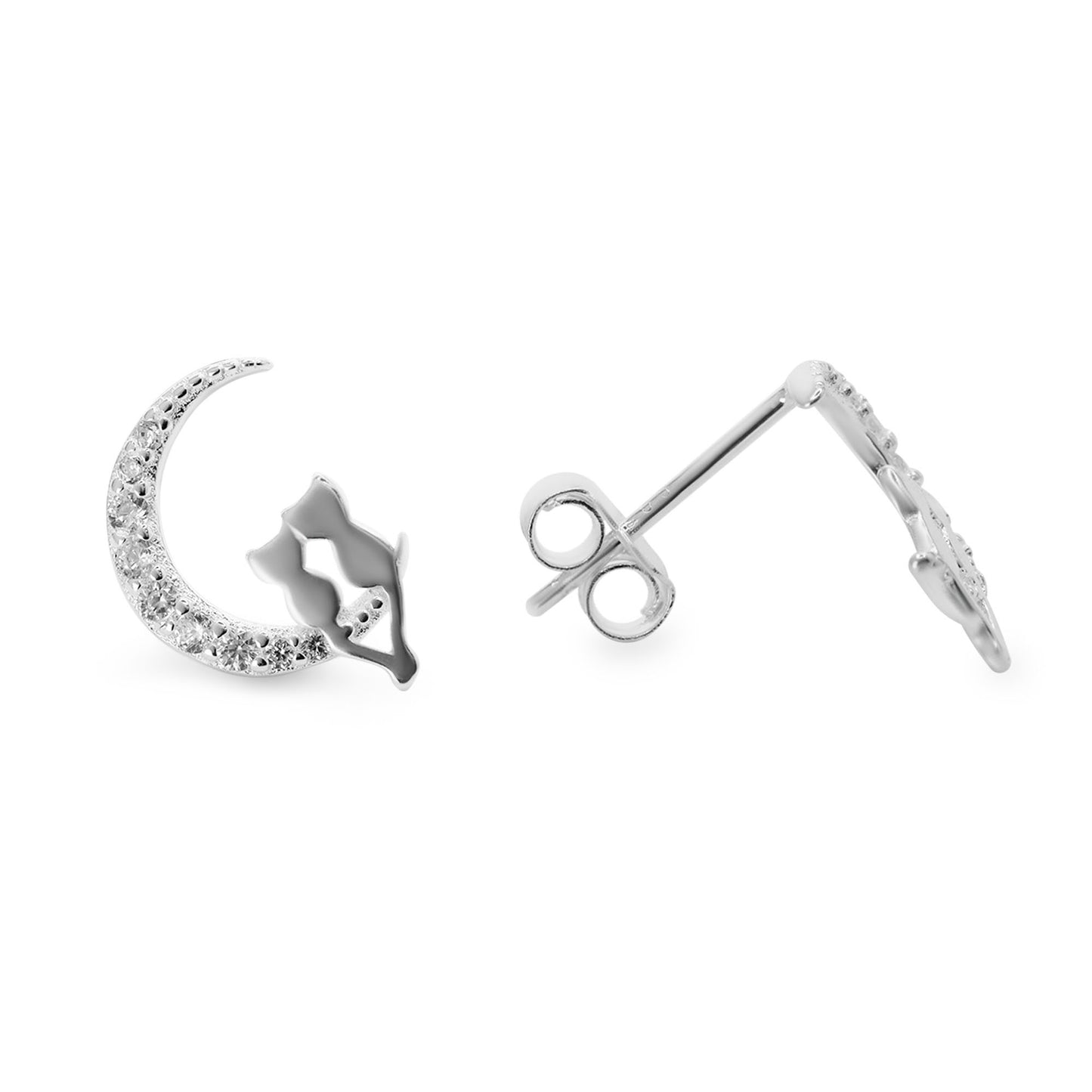 Aros de Plata 925 Diseño Media Luna Pareja de Gatos y Circones