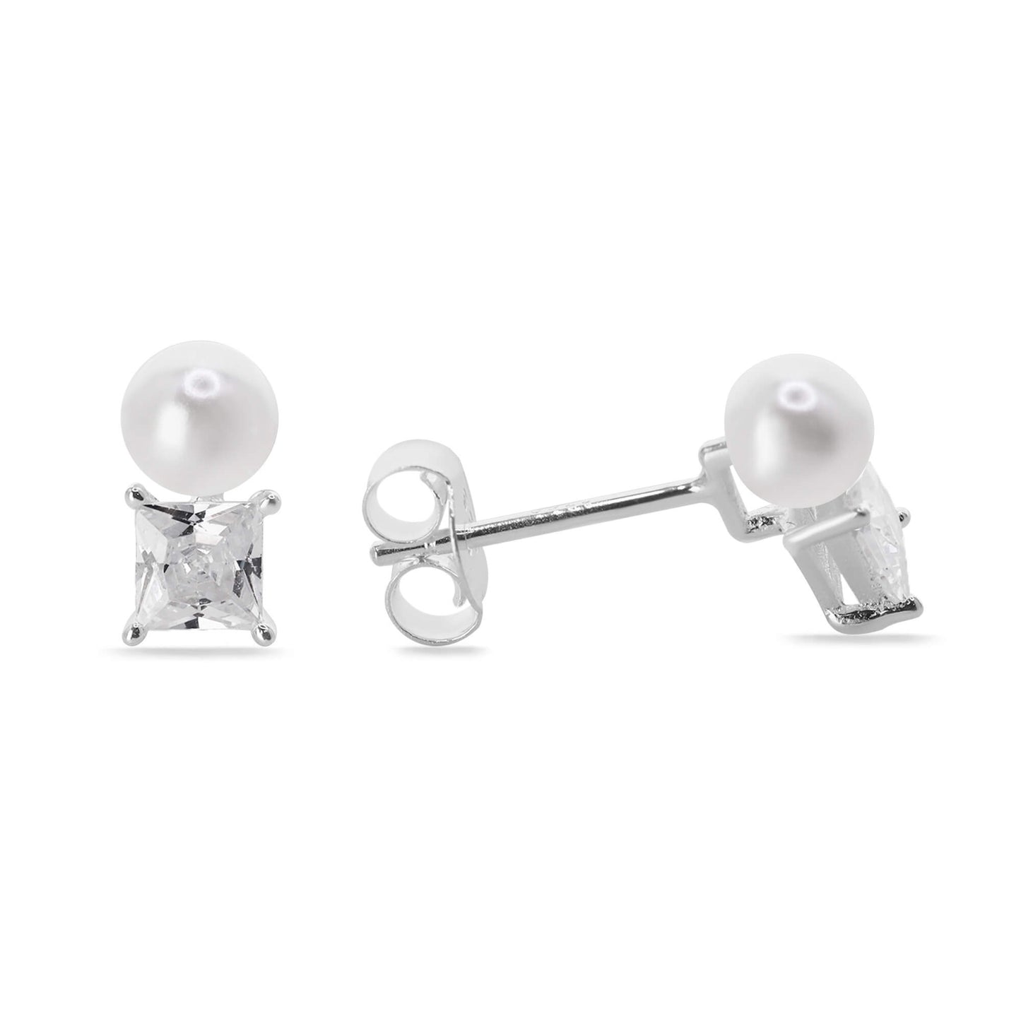 Aros de Plata - Perla y Circón Cuadrado