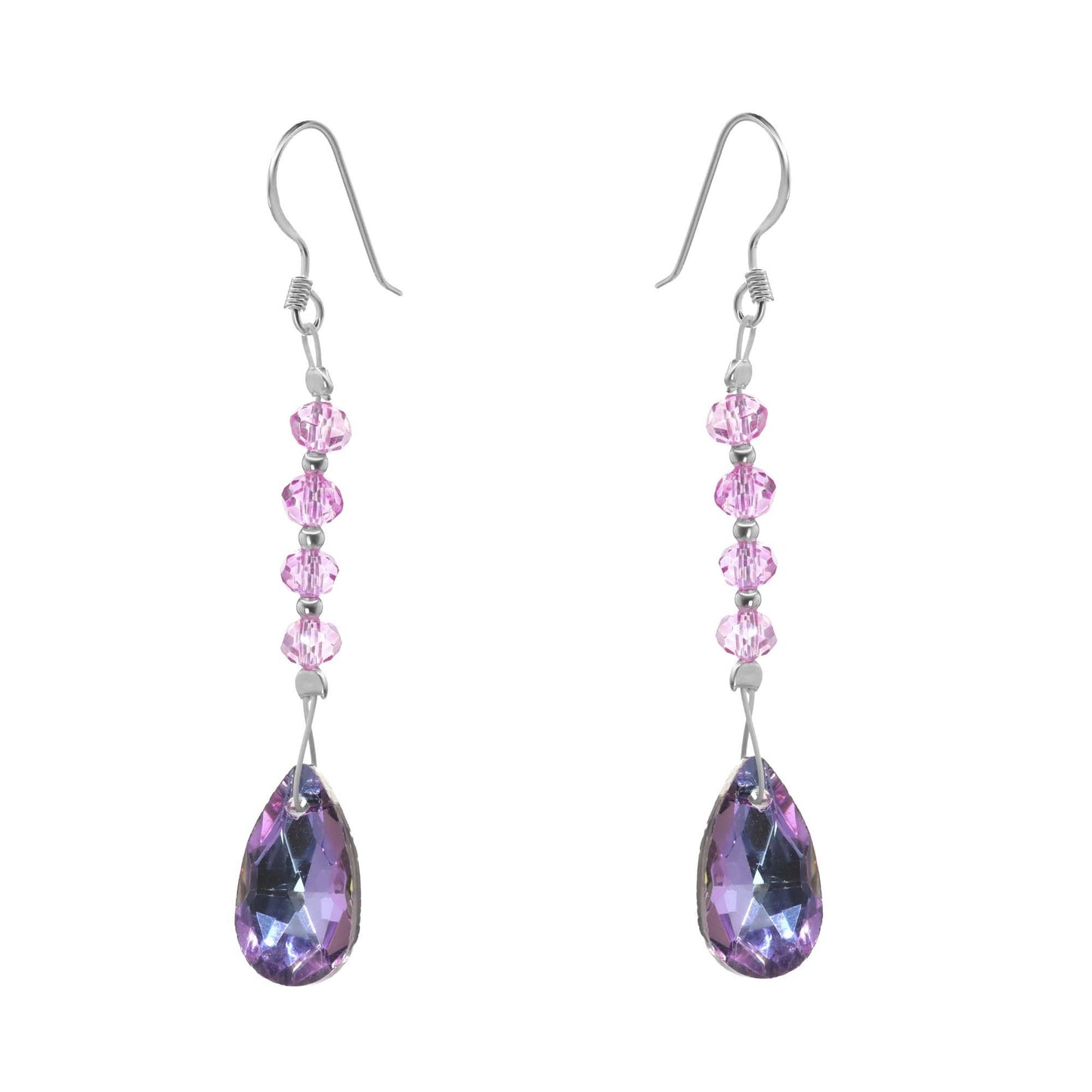 Aros de Plata 925 Diseño Serie de Cristales Rosa con Colgante Gota Tornasol