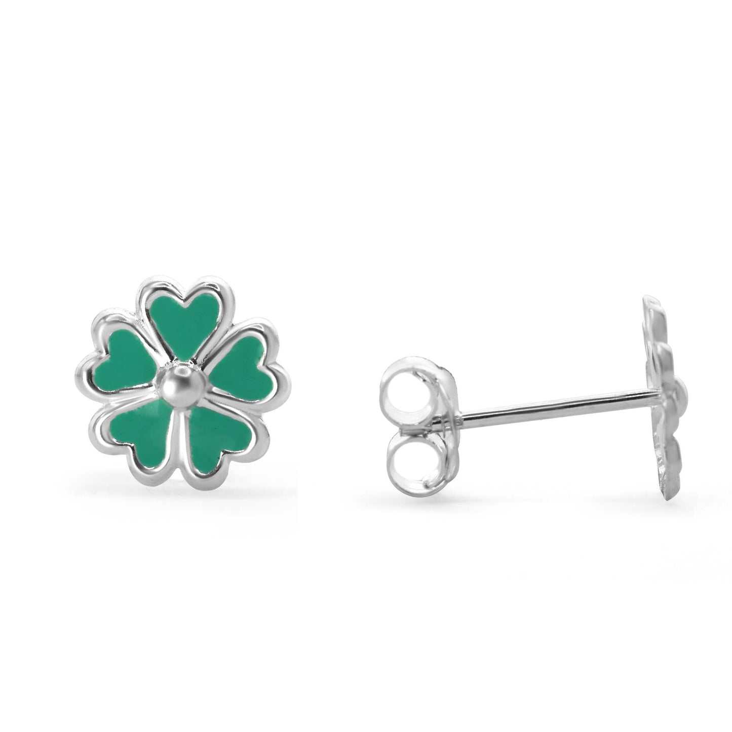 Aros de Plata 925 Diseño Trébol Esmaltado en Verde