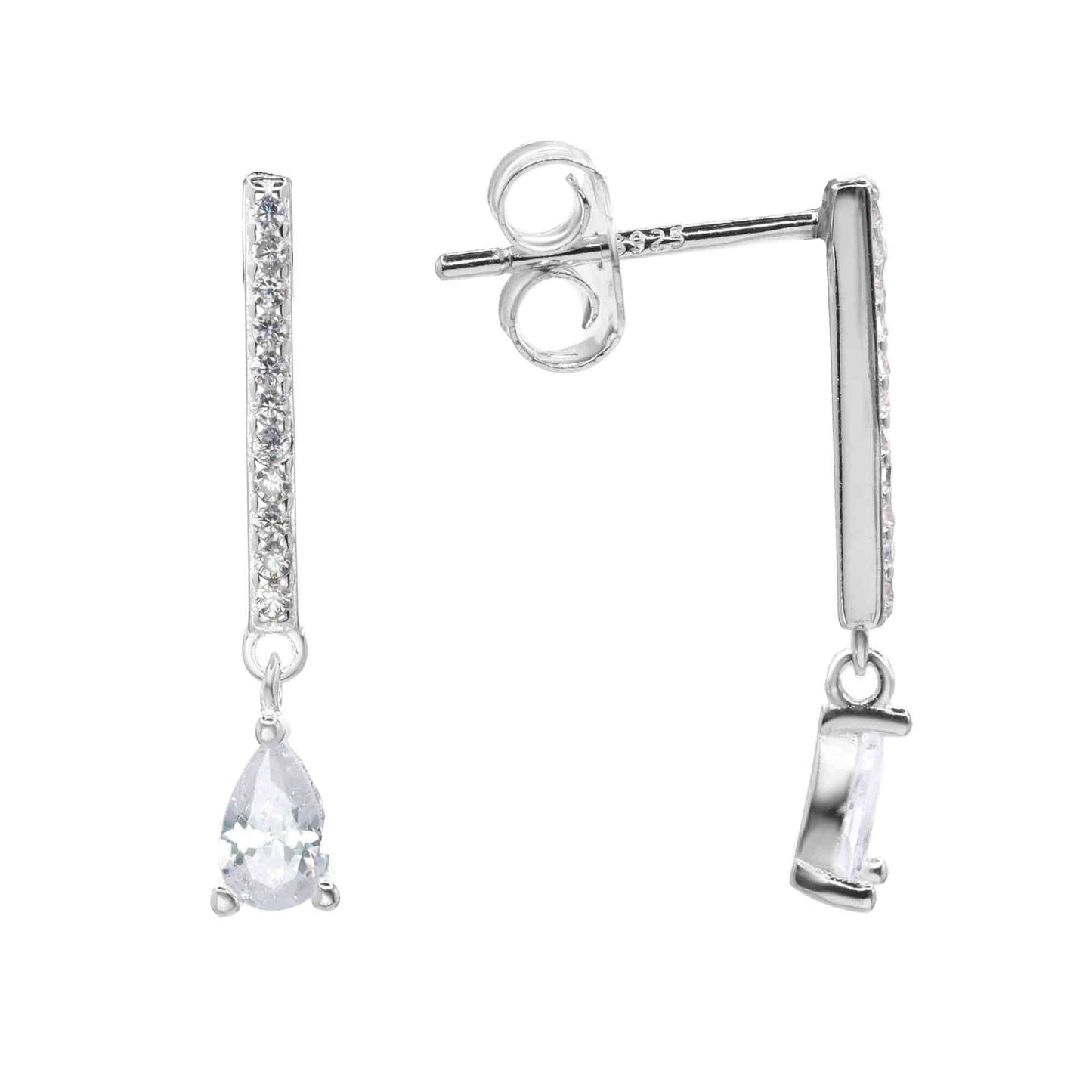 Aros de Plata 925 Diseño Varita con Gota de Circón