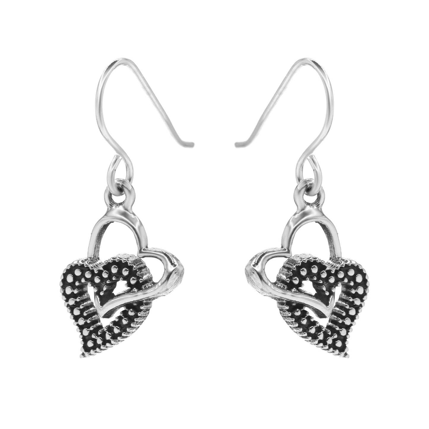 Aros de Plata 925 Doble Corazón Liso y Estilo Envejecido