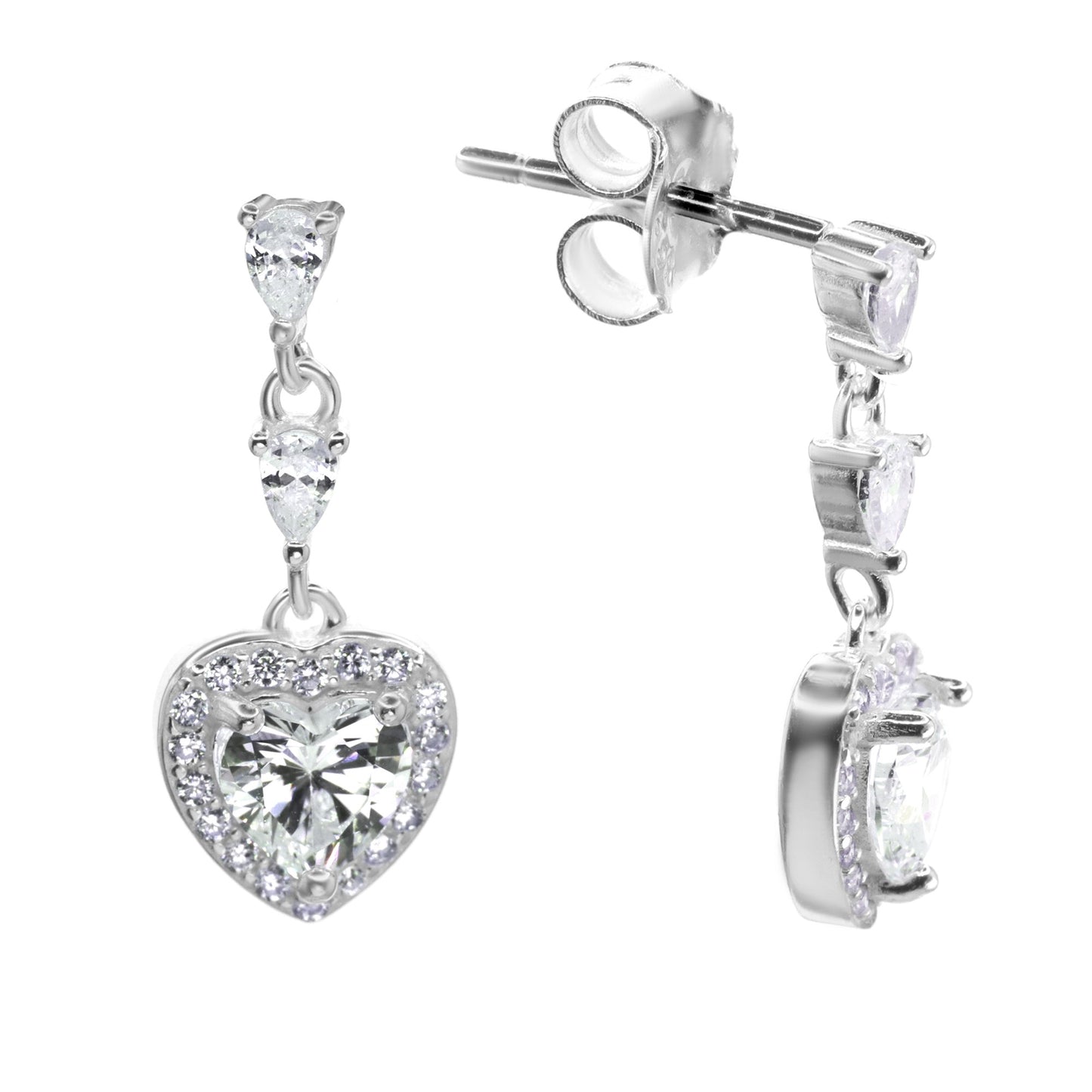 Aros de Plata 925 Doble Gota con Dije Diseño Corazón de Circón