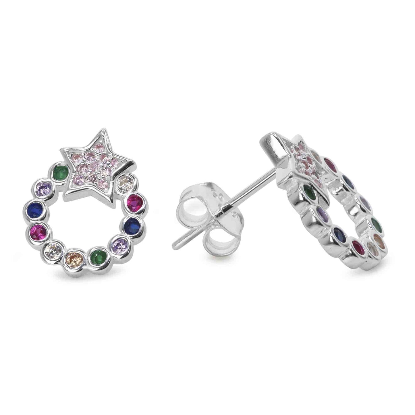 Aros de Plata 925 Estilo Argolla Circones de Colores y Estrella de Circones