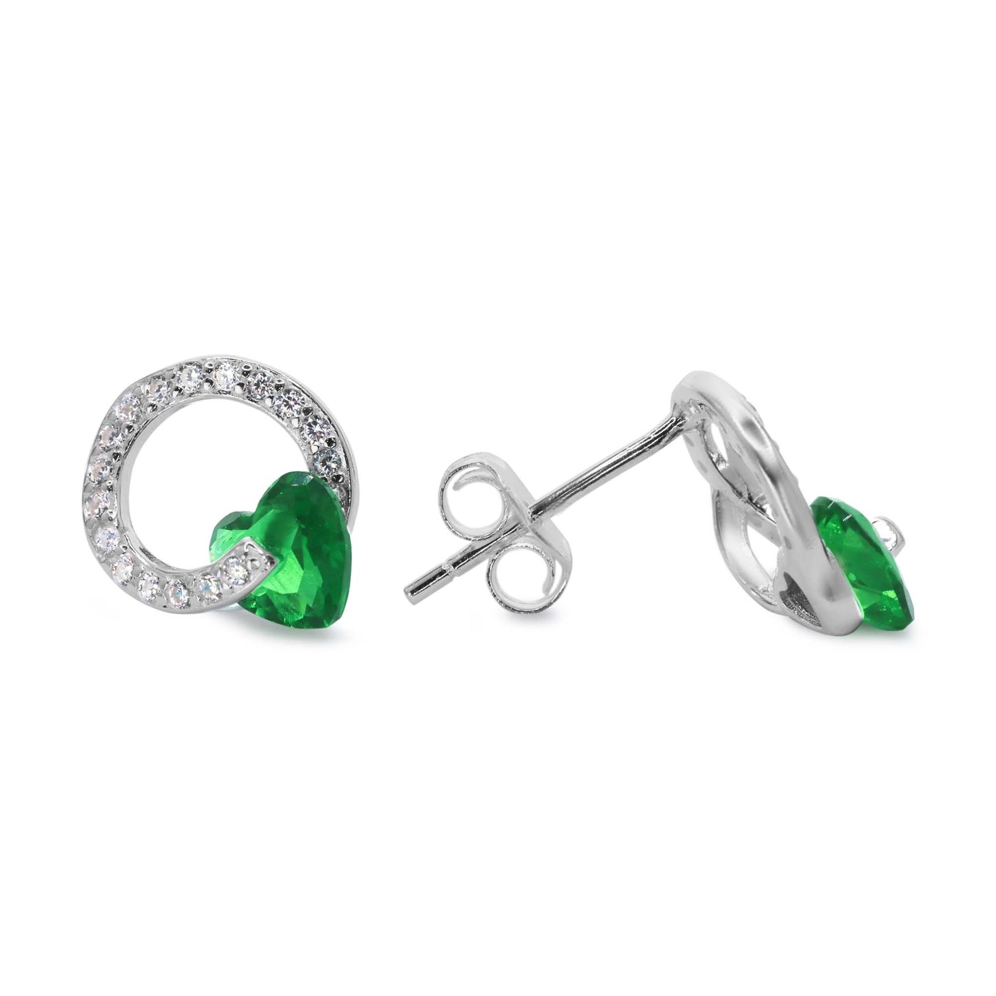 Aros de Plata 925 Estilo Argolla con Circón Verde de Corazón y Pequeños Circones