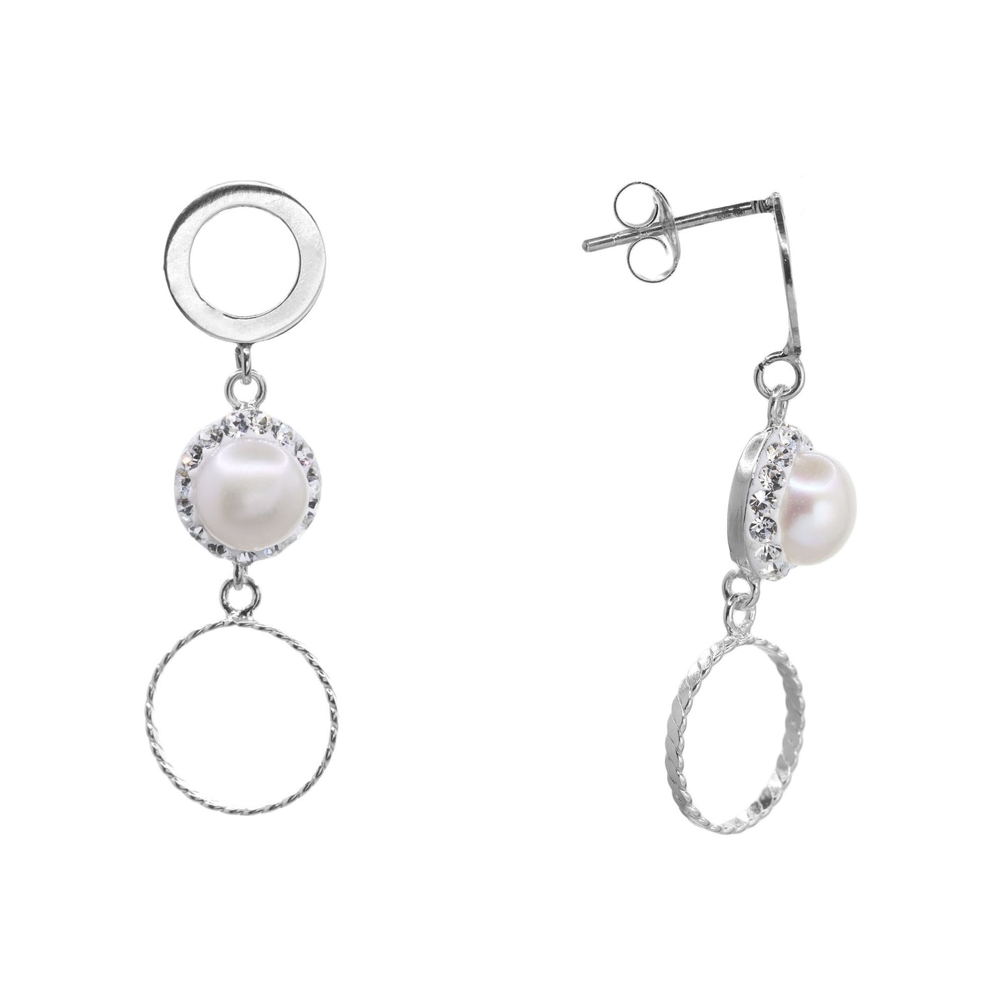 Aros de Plata 925 Estilo Argolla con Strass y Perla